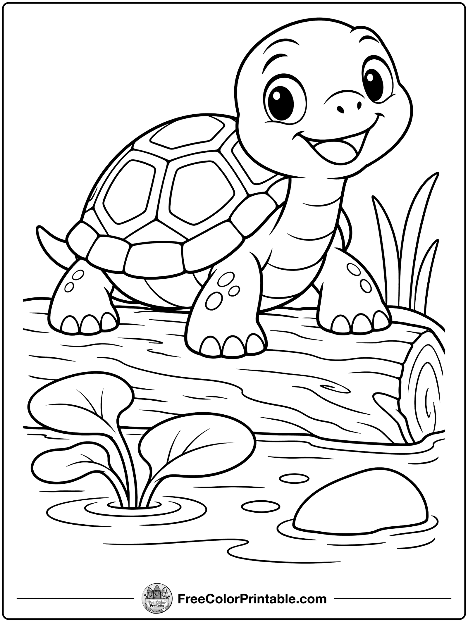 Little Pet Turtle on a Log Coloring Page — free color printable