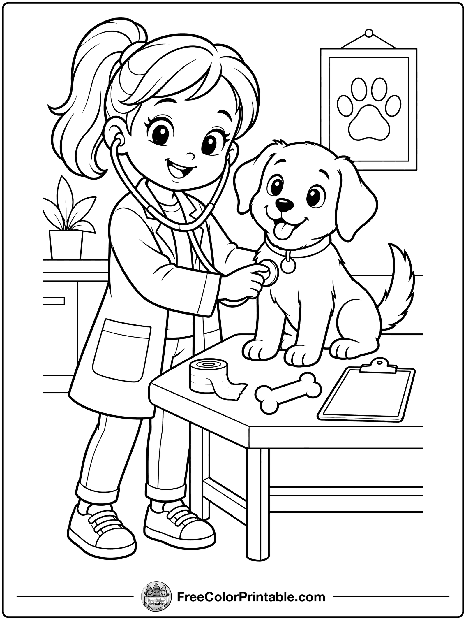 Little Vet Checks a Puppy Coloring Page — free color printable