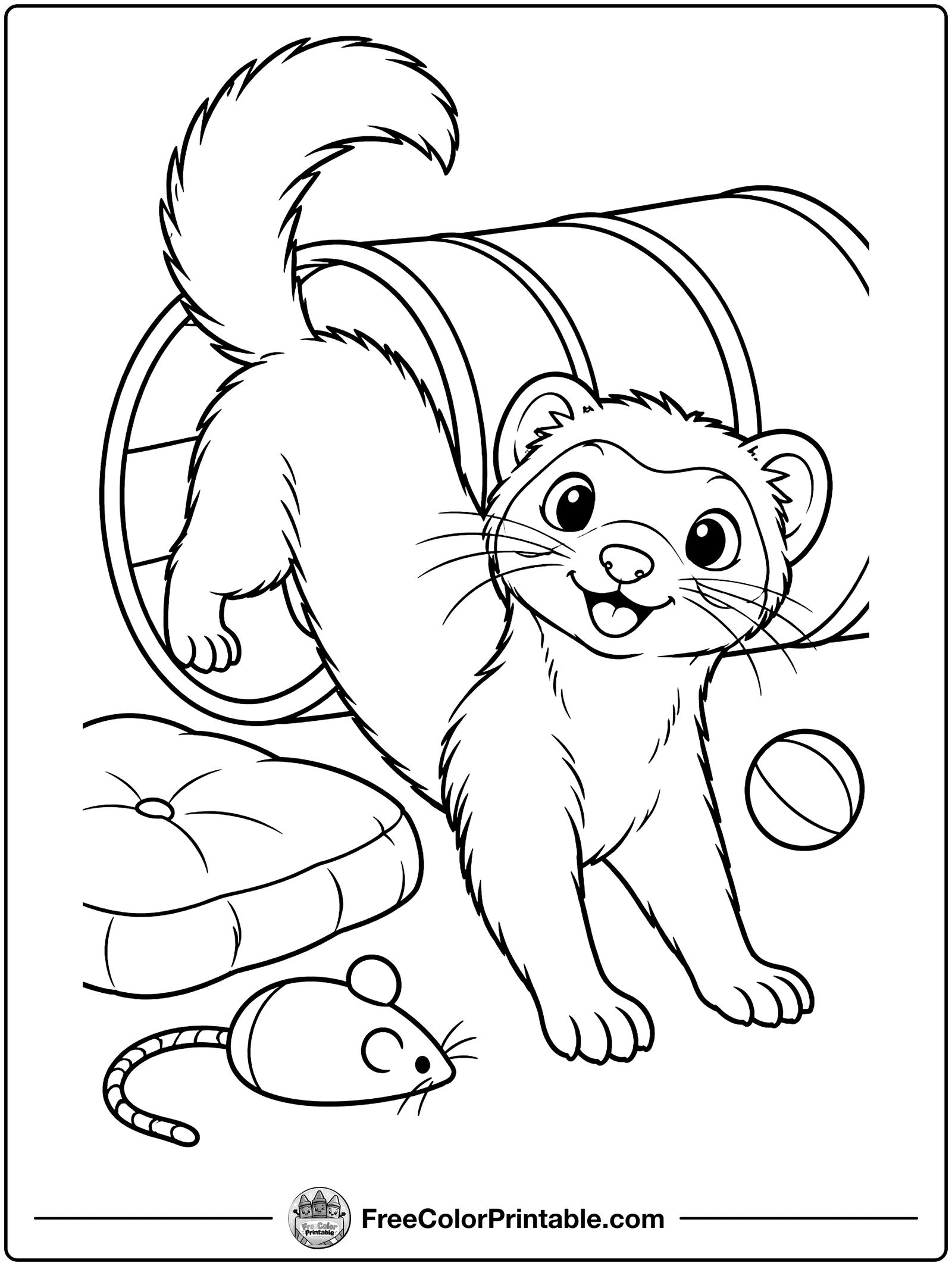 Playful Ferret in a Tunnel Coloring Page — free color printable