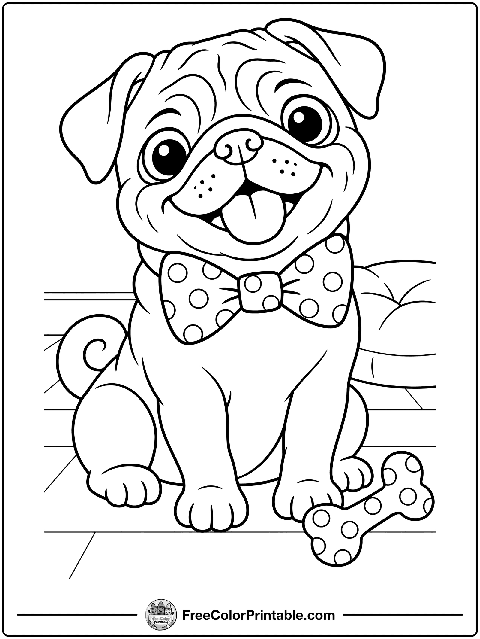 Pug Wearing a Bow Tie Coloring Page — free color printable