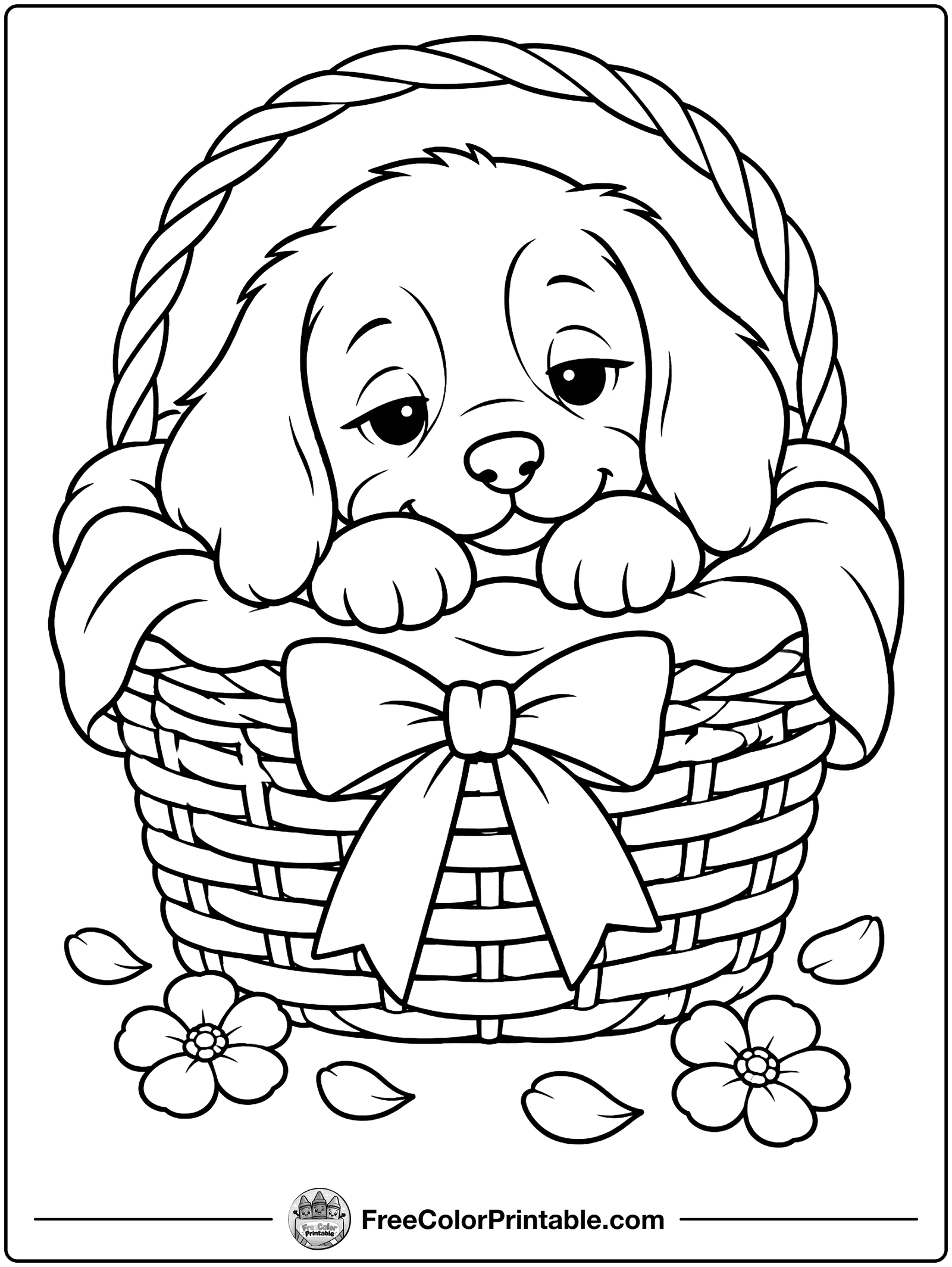Puppy in a Wicker Basket Coloring Page — free color printable