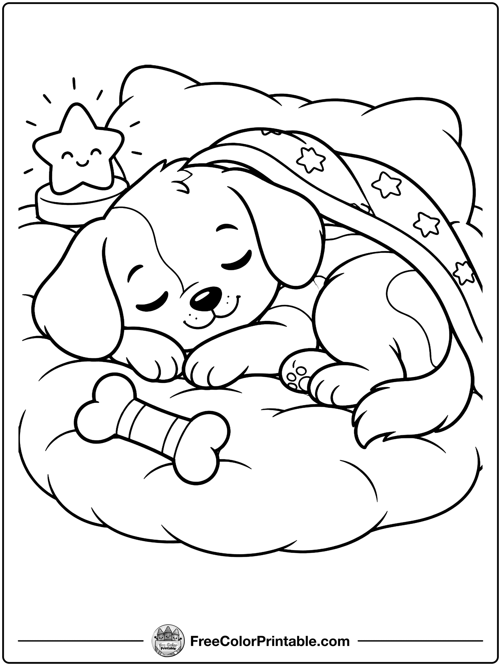 Sleepy Puppy on a Pillow Coloring Page — free color printable