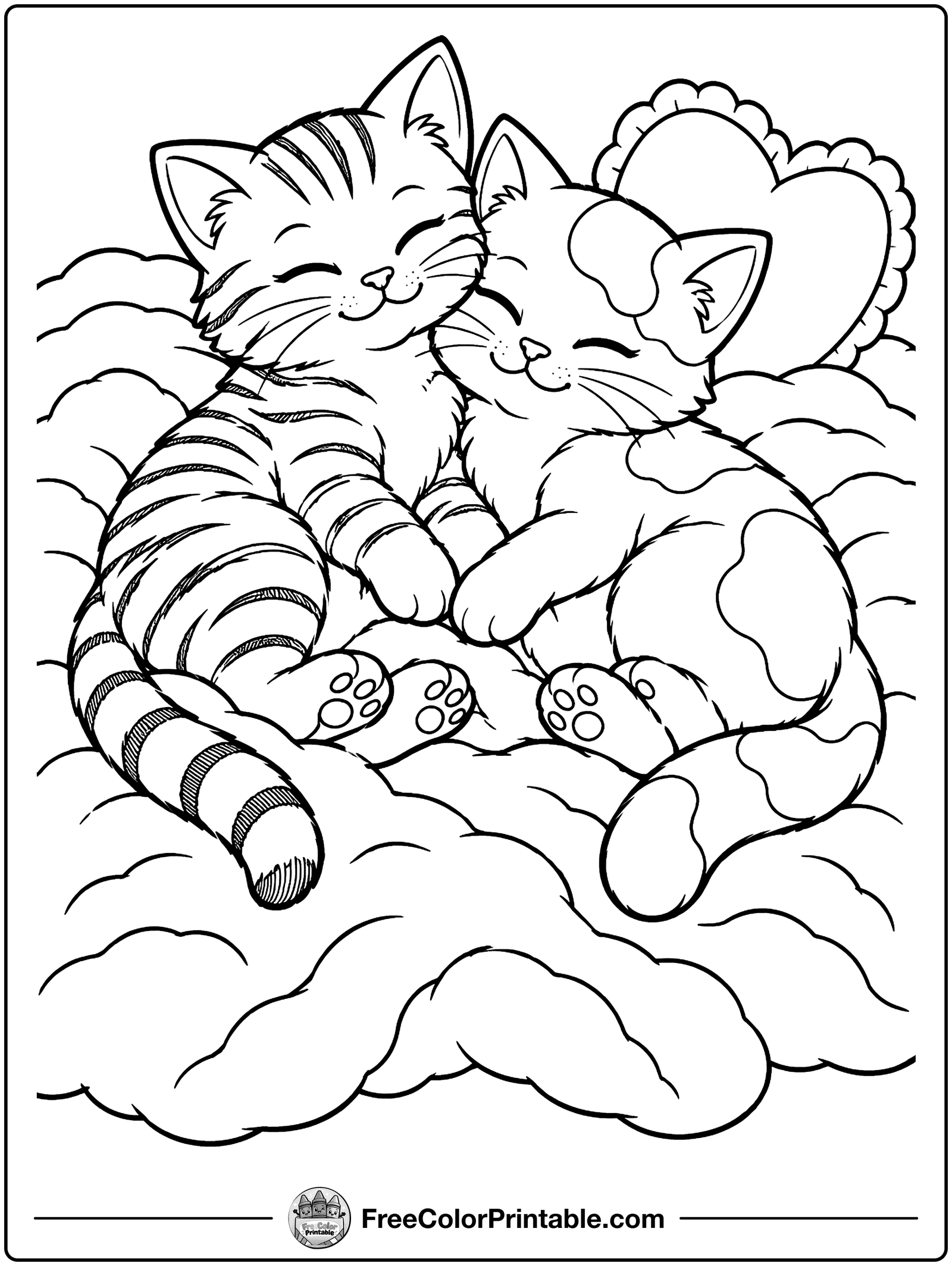 Two Kittens Snuggling Coloring Page — free color printable