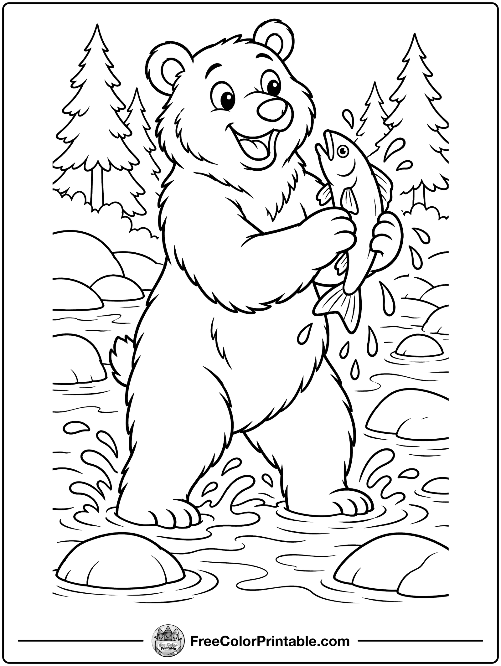 Bear Catching a Fish Coloring Page — free color printable