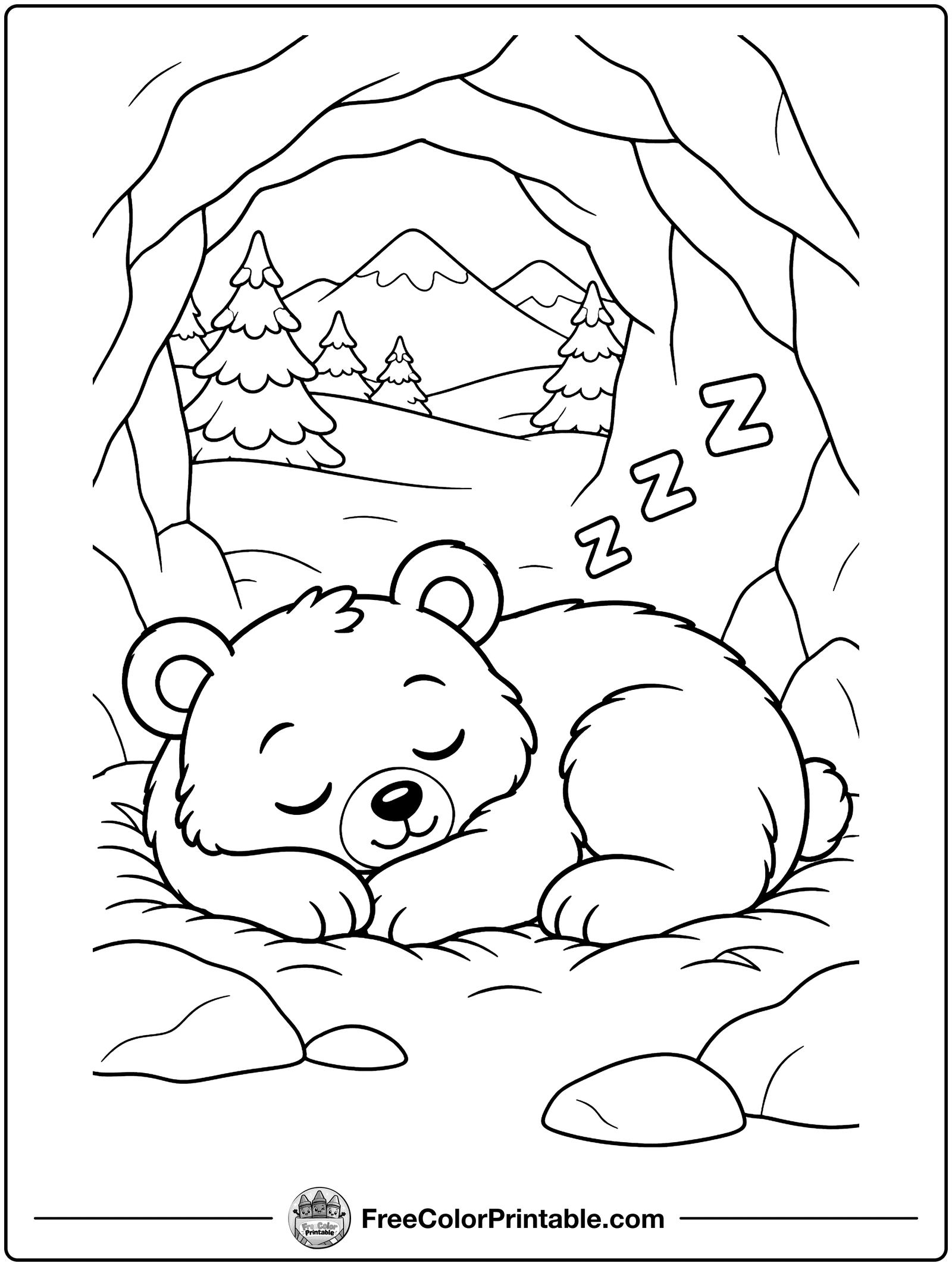 Bear Sleeping in a Cave Coloring Page — free color printable