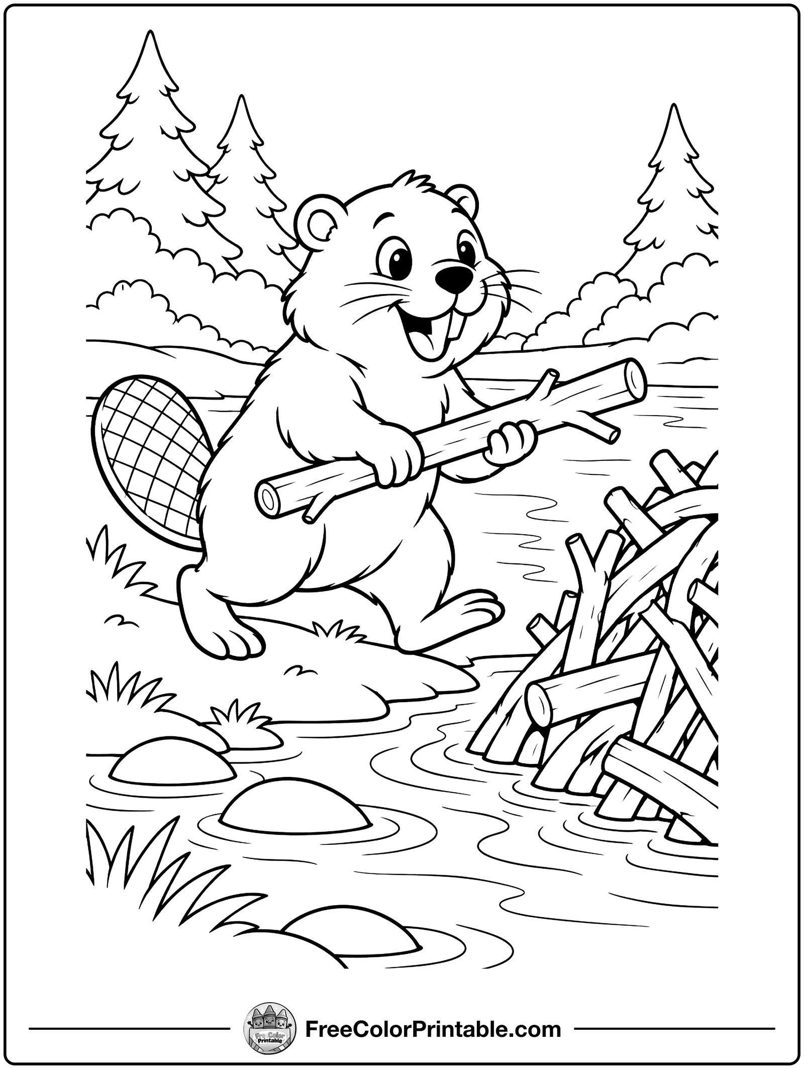 Beaver Building a Dam Coloring Page — free color printable