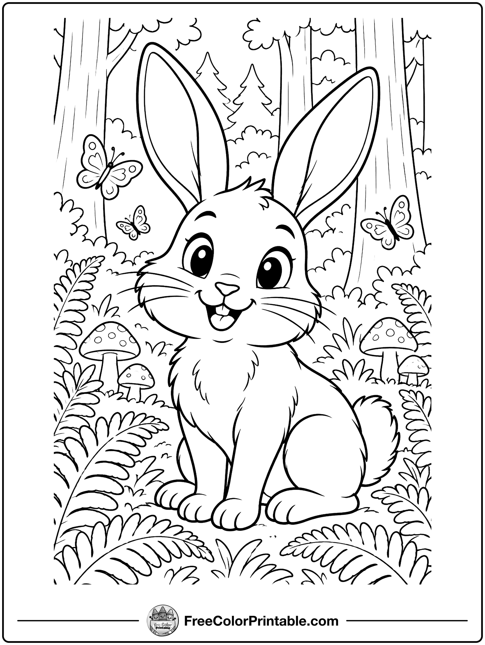 Bunny in the Forest Ferns Coloring Page — free color printable