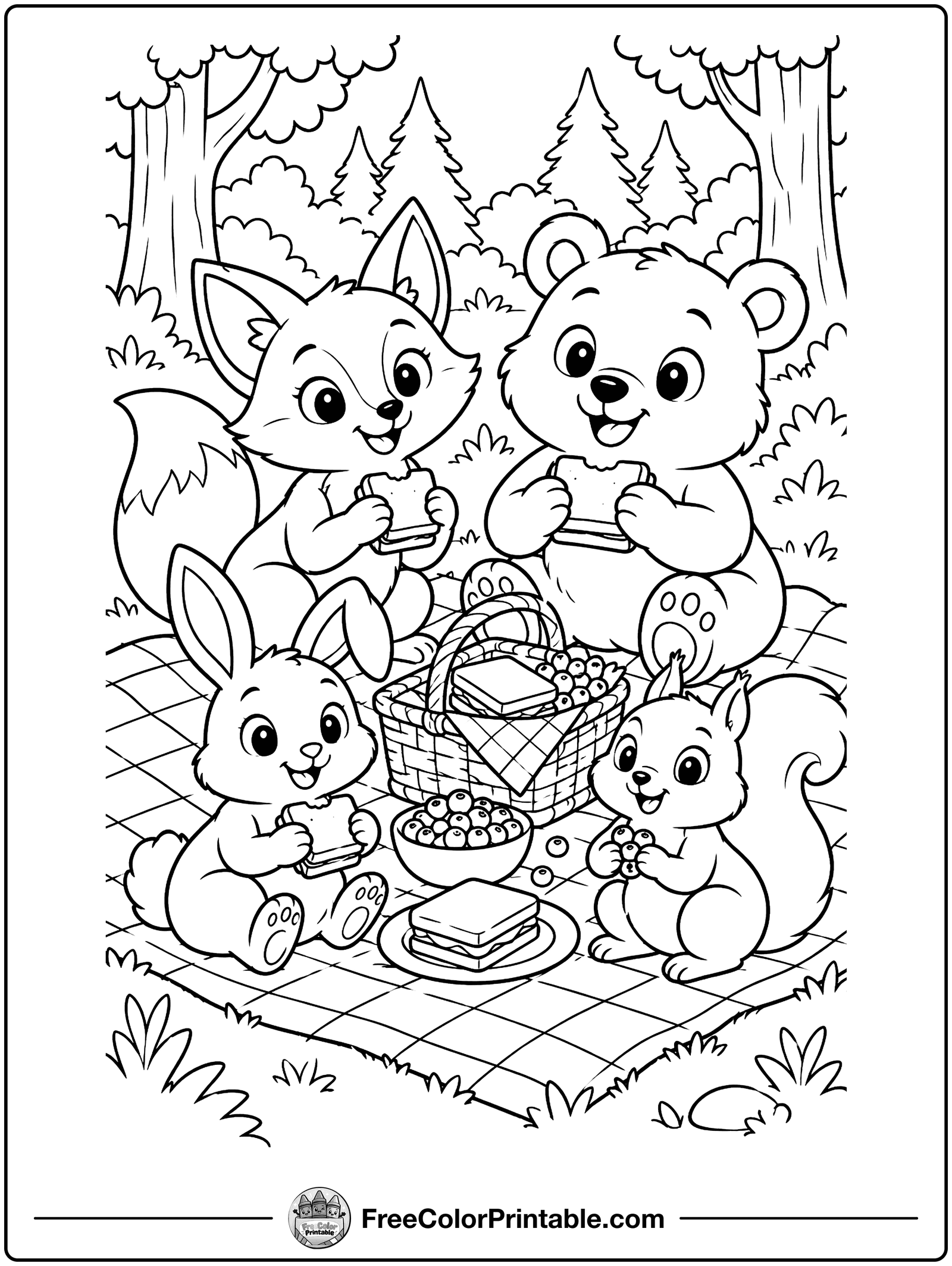 Forest Animals Picnic Coloring Page — free color printable