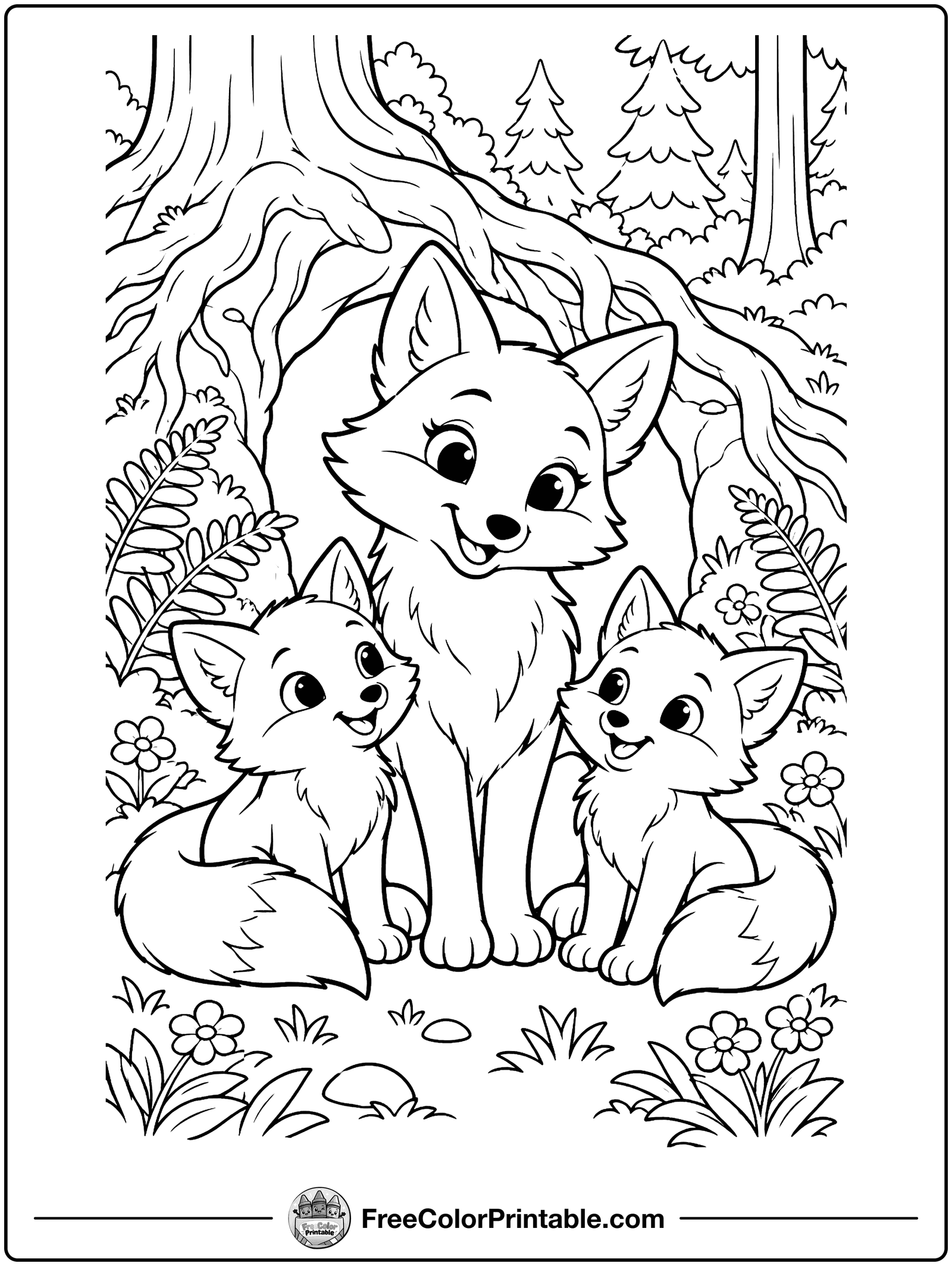 Fox Family by the Den Coloring Page — free color printable