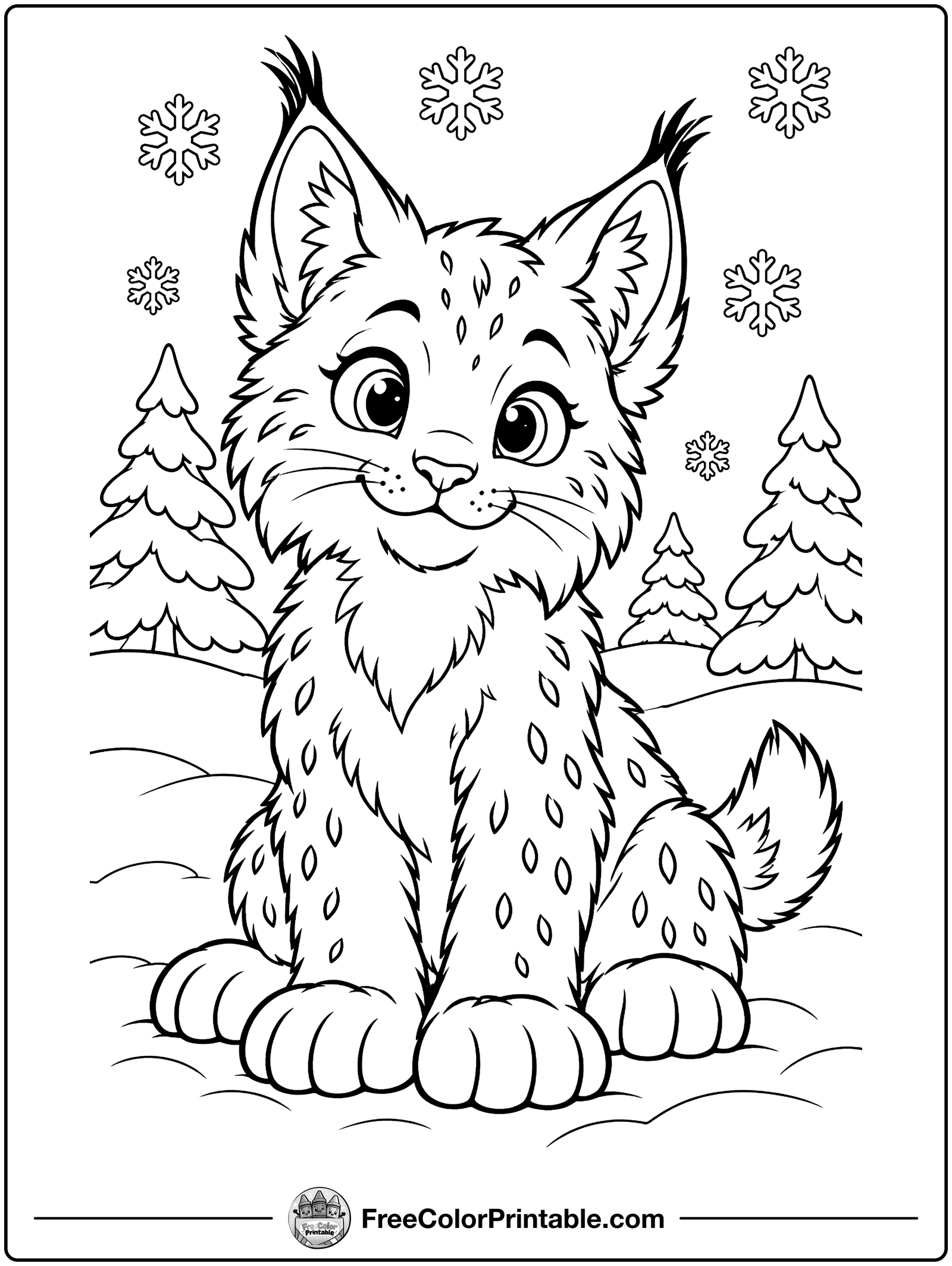 Lynx Kitten in the Snow Coloring Page — free color printable