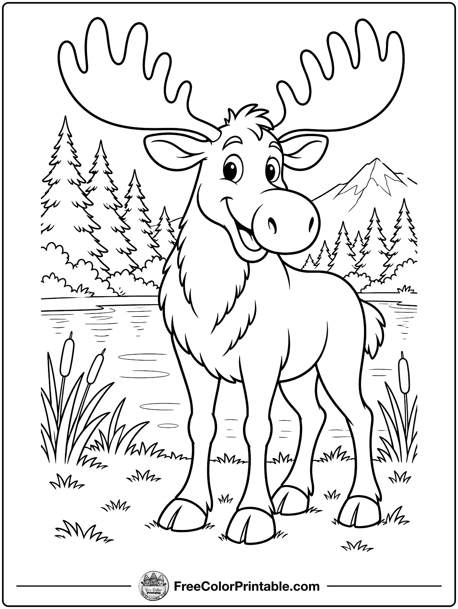 Moose in the Forest Coloring Page — free color printable