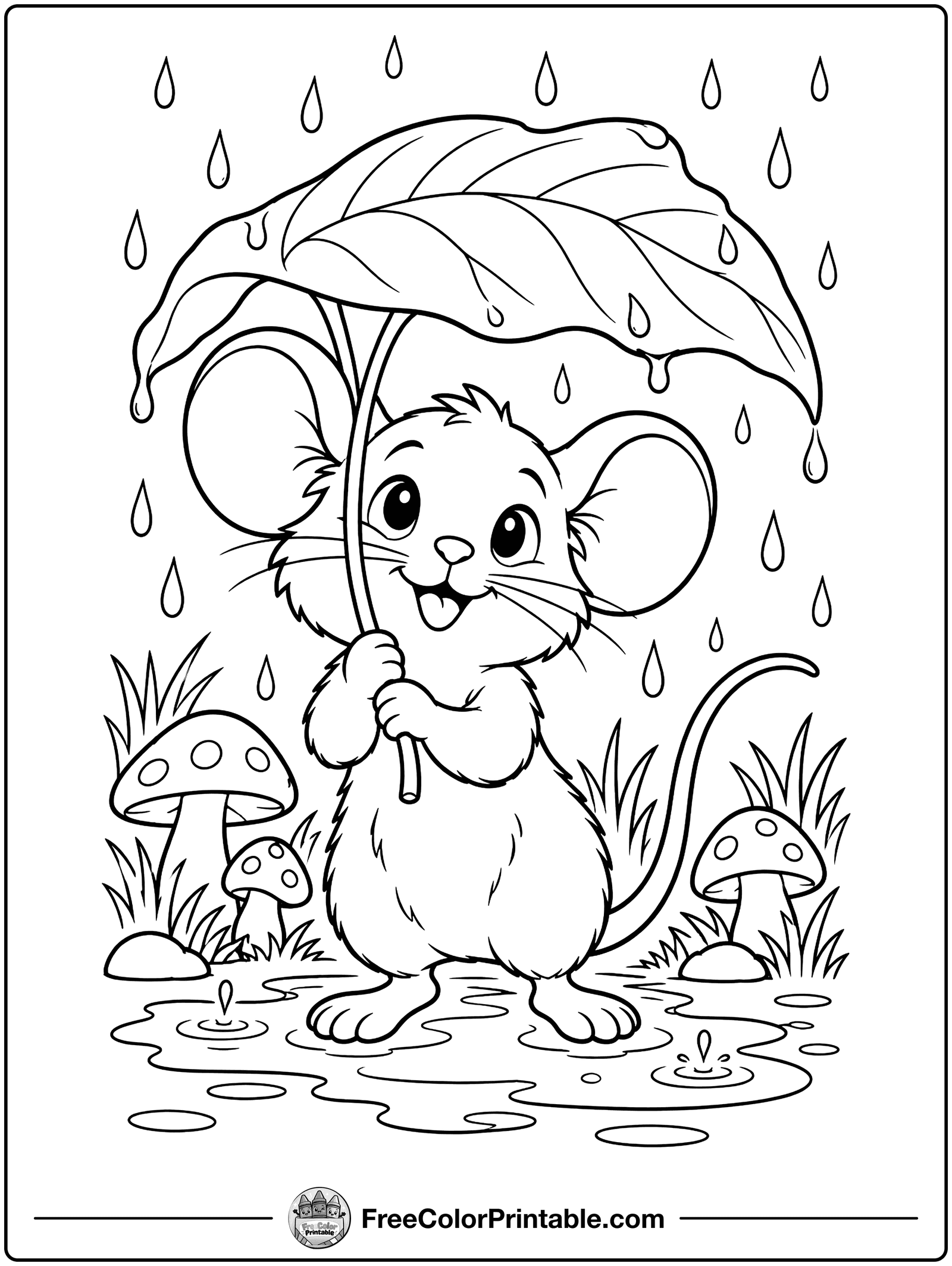 Mouse with a Leaf Umbrella Coloring Page — free color printable