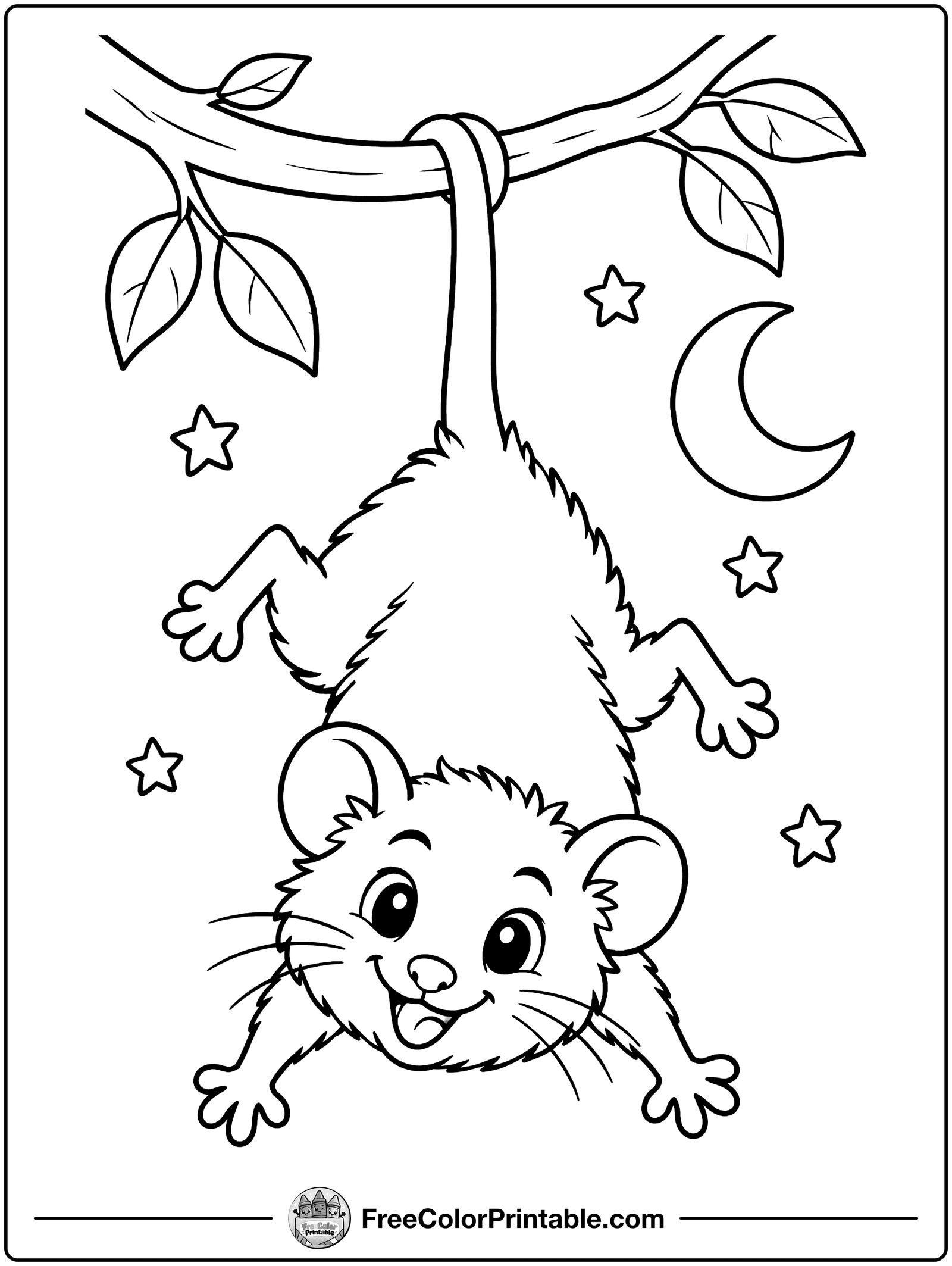 Opossum Hanging by Its Tail Coloring Page — free color printable