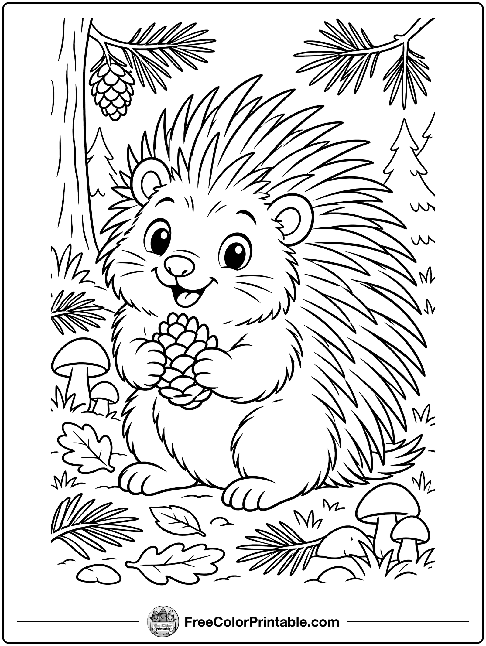 Porcupine with a Pinecone Coloring Page — free color printable