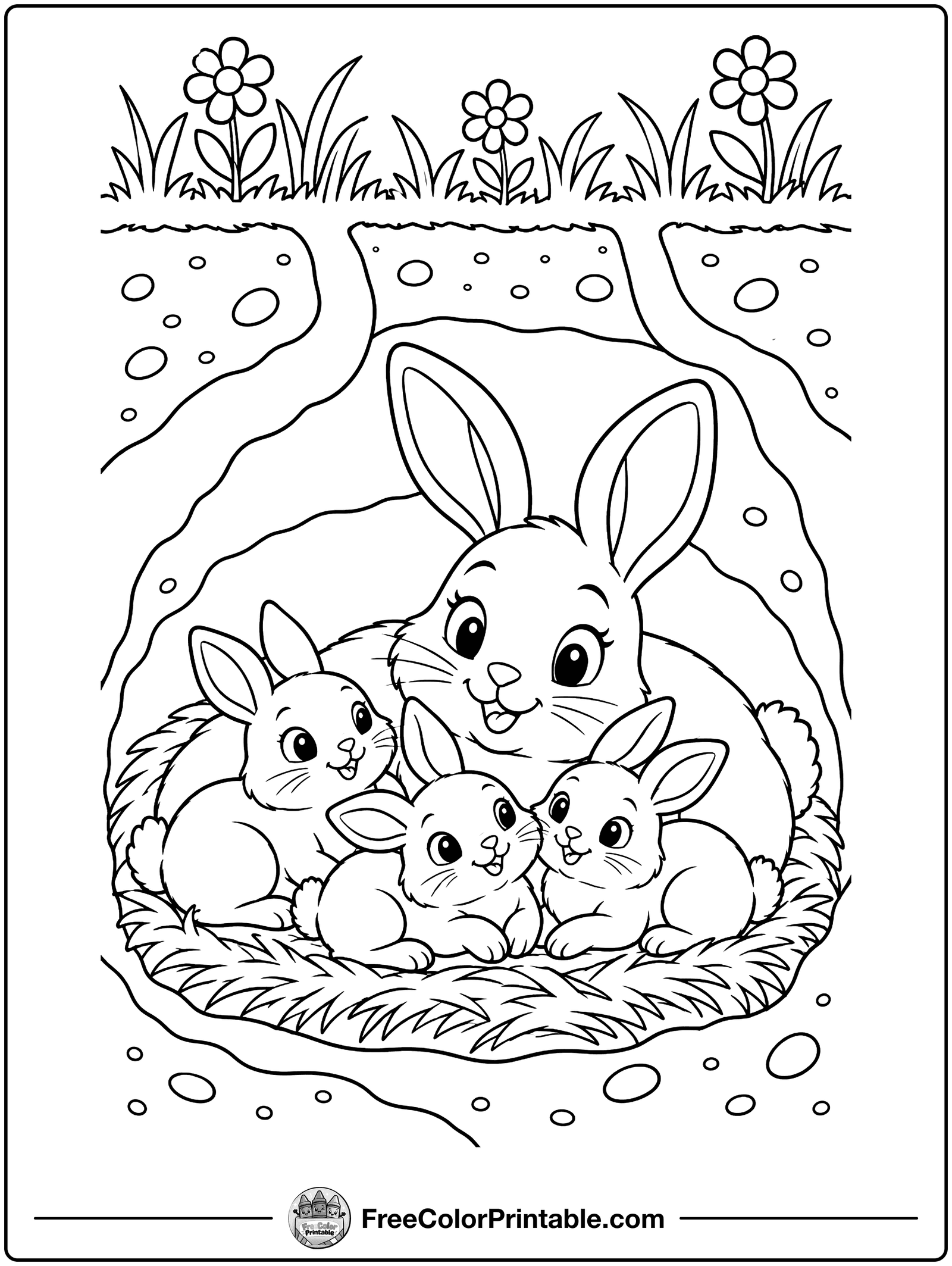 Rabbit Family in a Burrow Coloring Page — free color printable