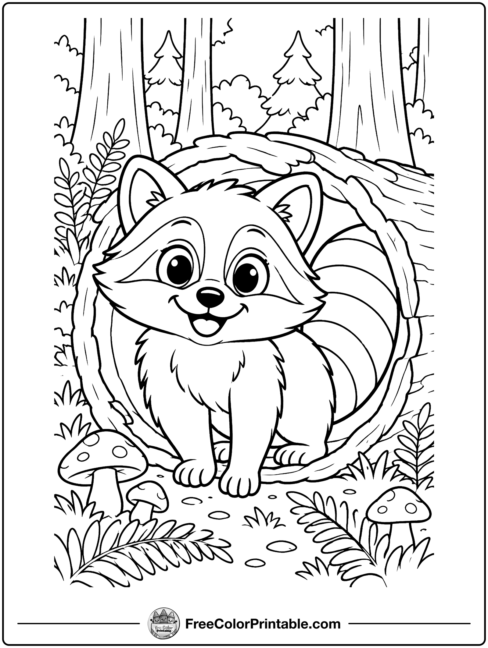 Raccoon Peeking from a Log Coloring Page — free color printable