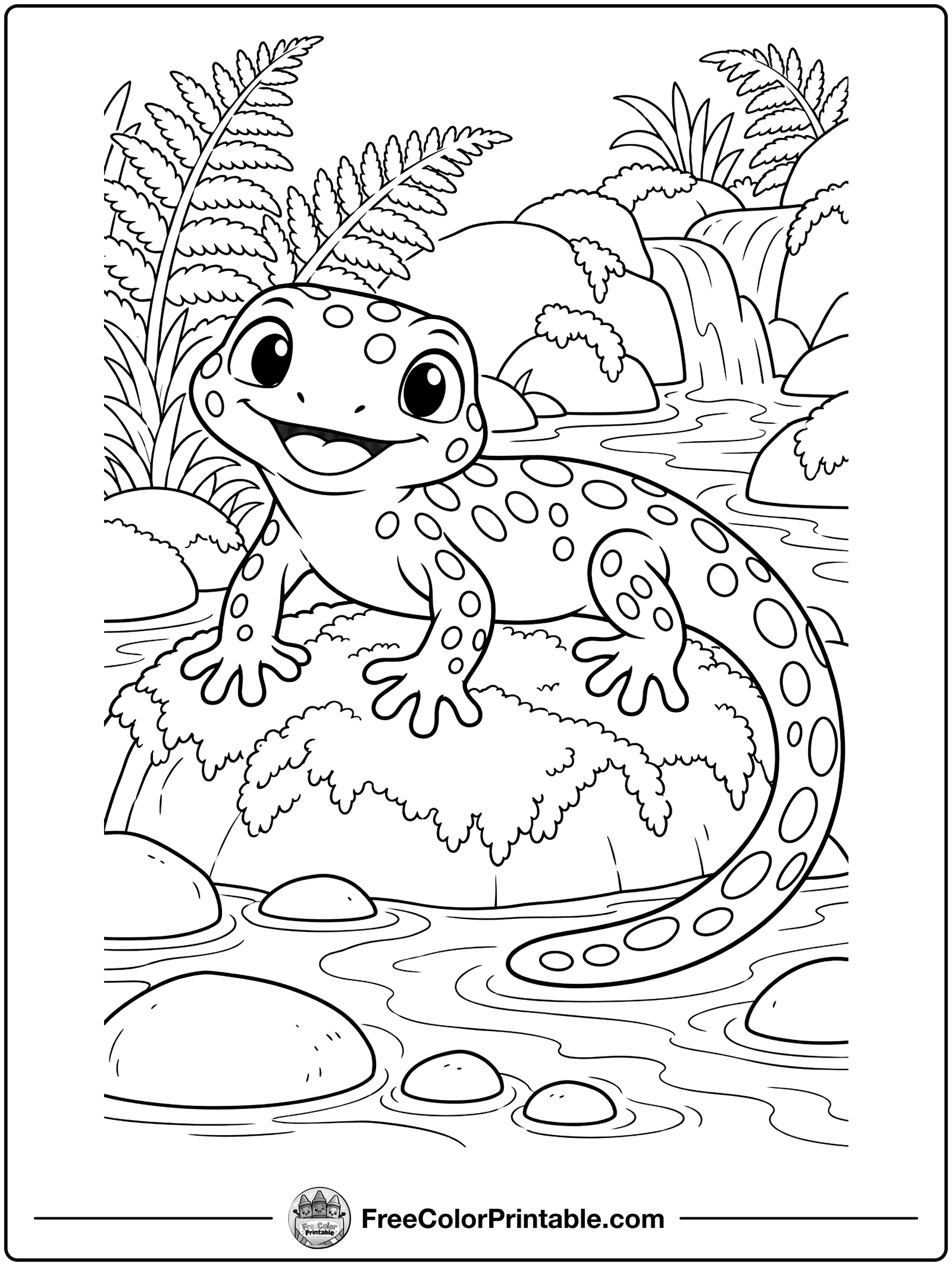 Salamander on a Mossy Rock Coloring Page — free color printable