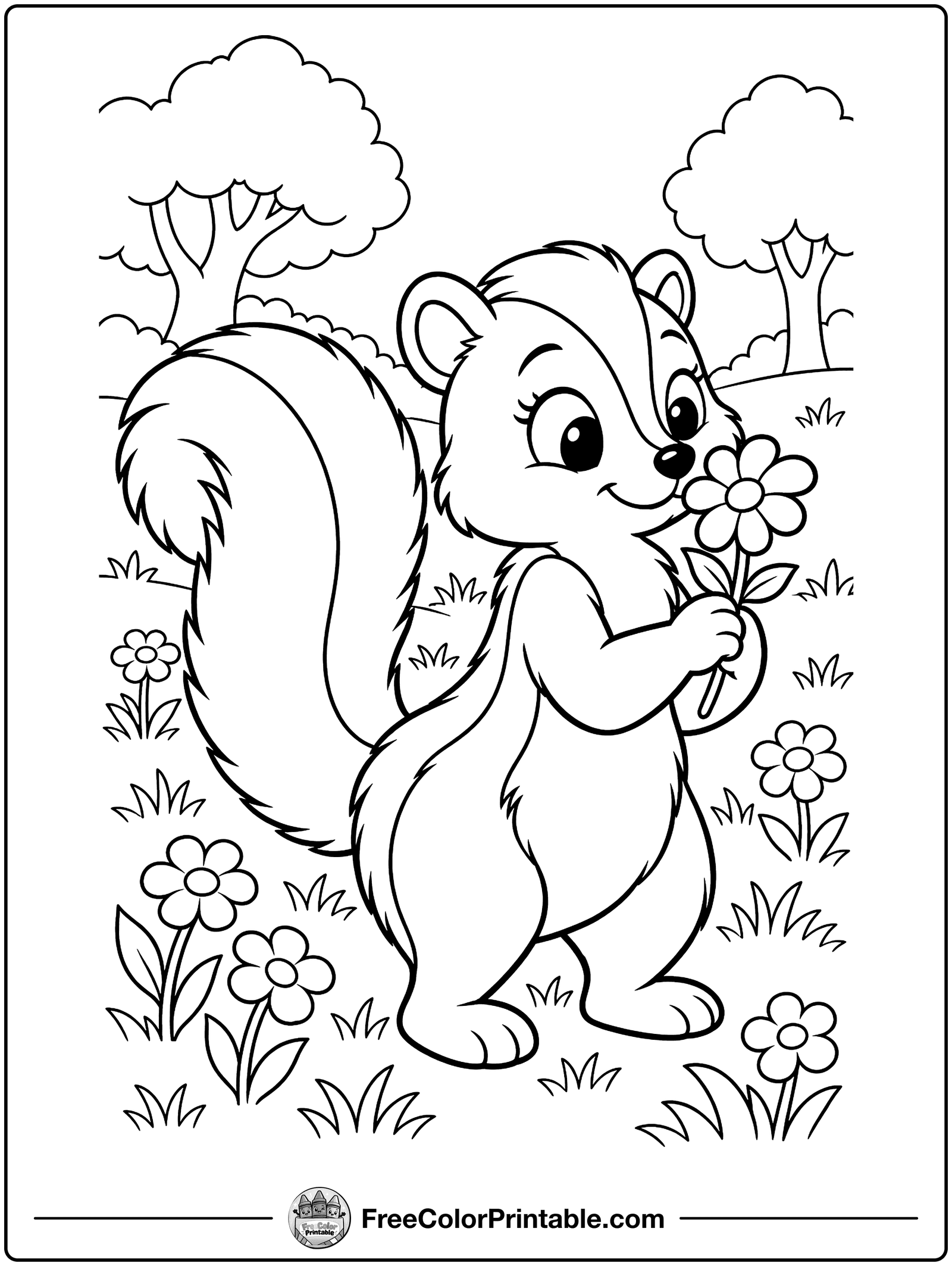 Skunk with a Flower Coloring Page — free color printable