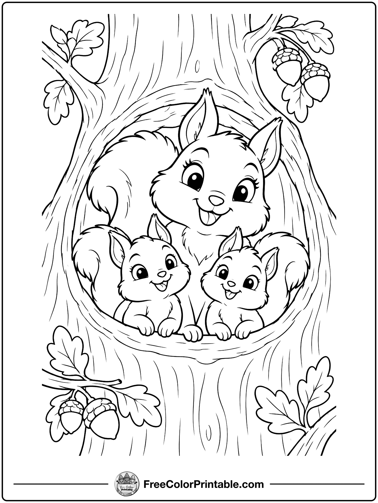 Squirrel Family in a Tree Hole Coloring Page — free color printable