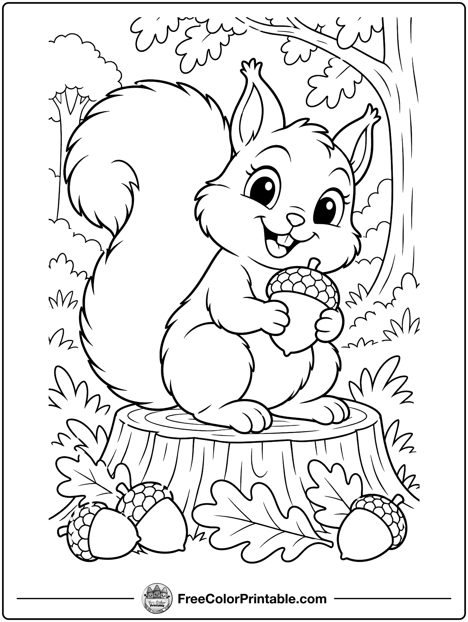 Squirrel with an Acorn Coloring Page — free color printable