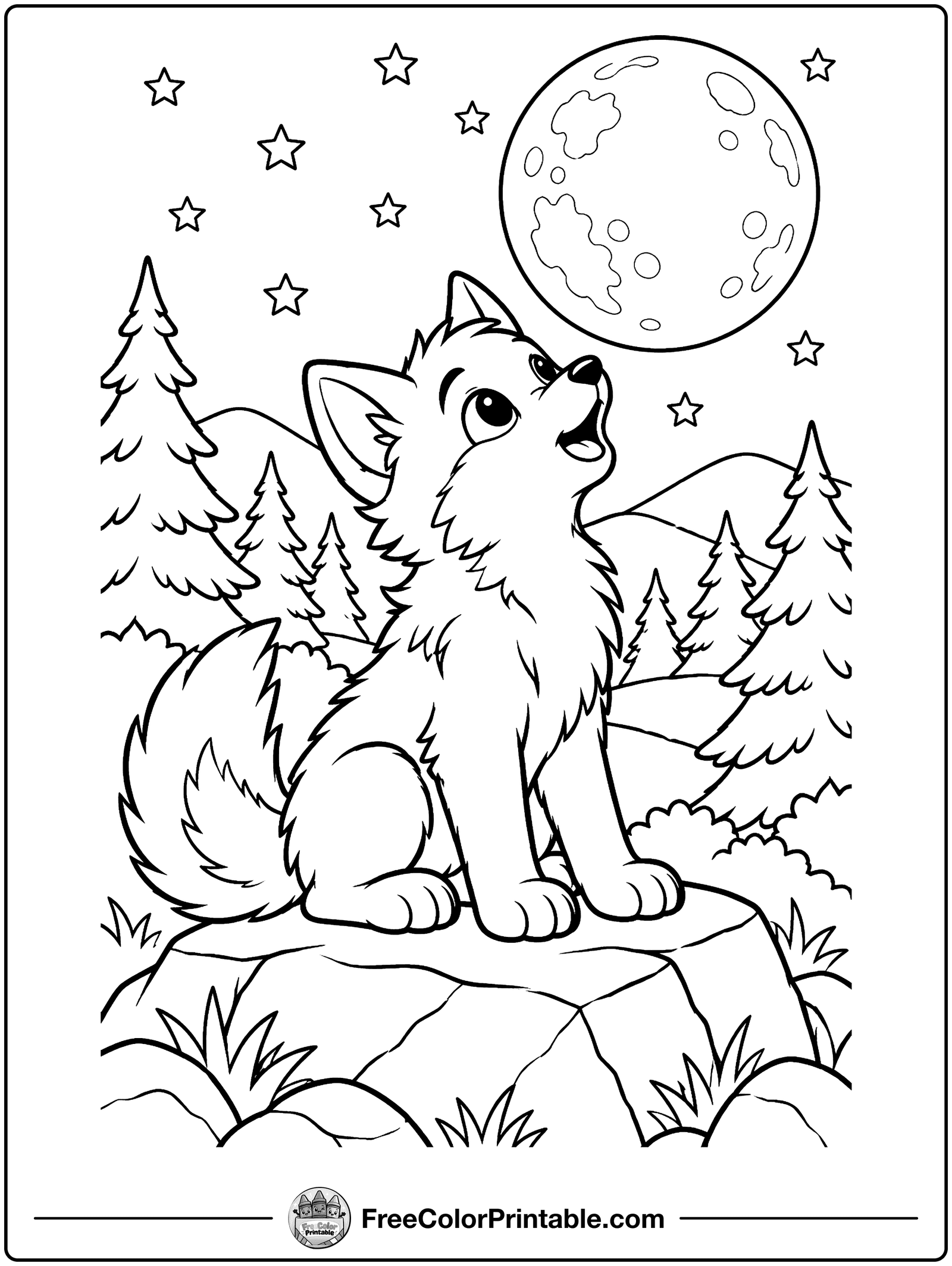 Wolf Pup Howling at the Moon Coloring Page — free color printable
