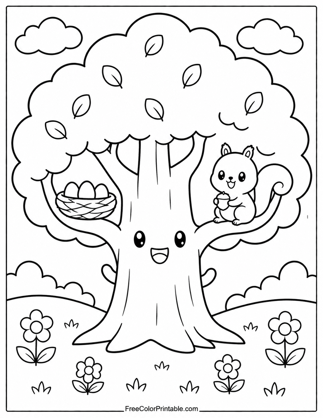 Smiling Tree With Squirrel And Nest