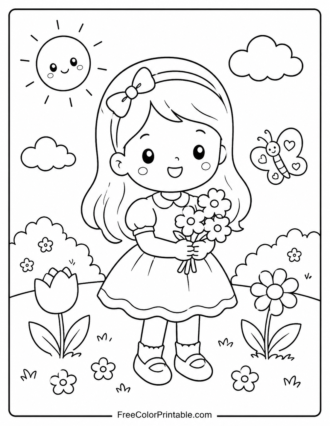 Spring Garden Girl With Flowers coloring page — free color printable