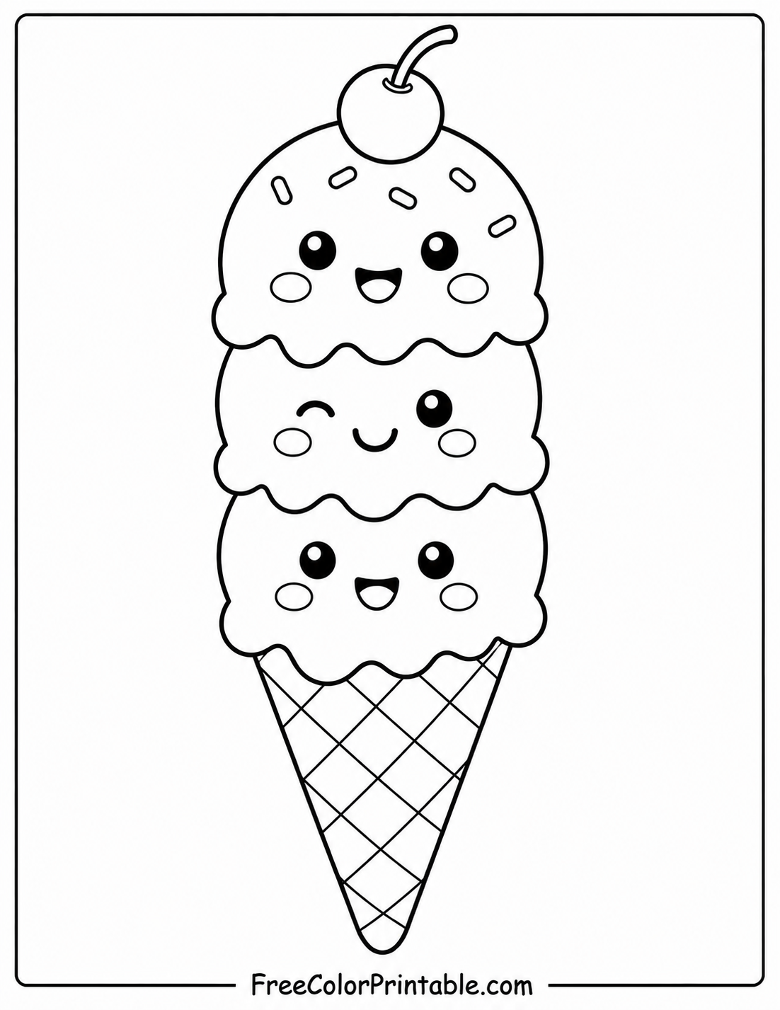 Kawaii Ice Cream Cone Colouring Page