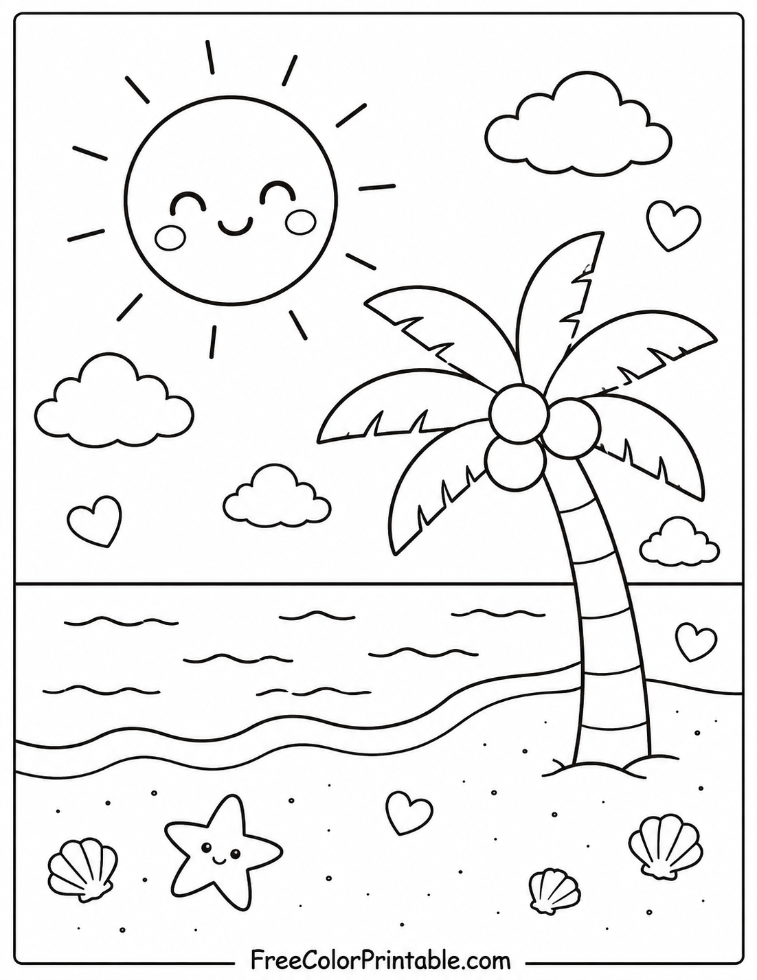 Kawaii Tropical Beach Colouring Page