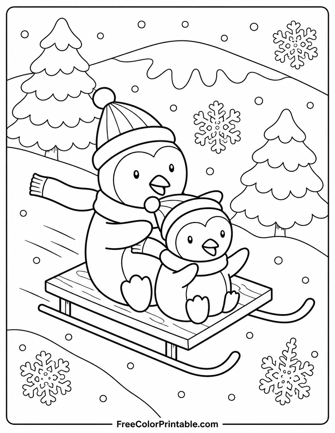 Penguins Sledding In A Snowy Landscape