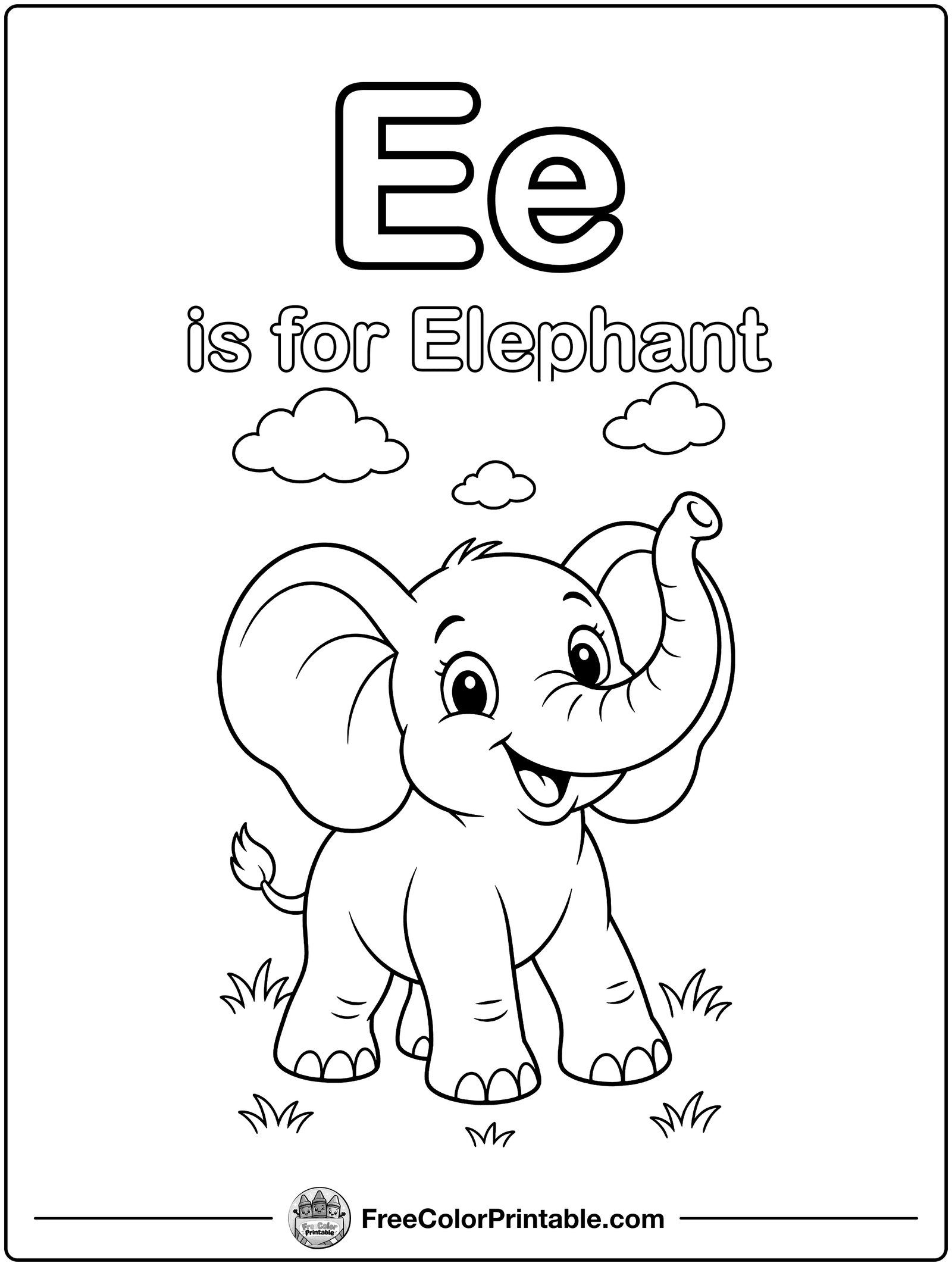 Letter E Is for Elephant Coloring Page — free color printable from FreeColorPrintable