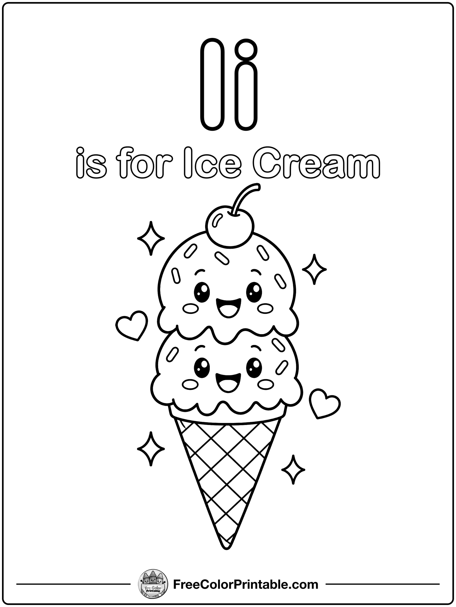 Letter I Is for Ice Cream Coloring Page — free color printable