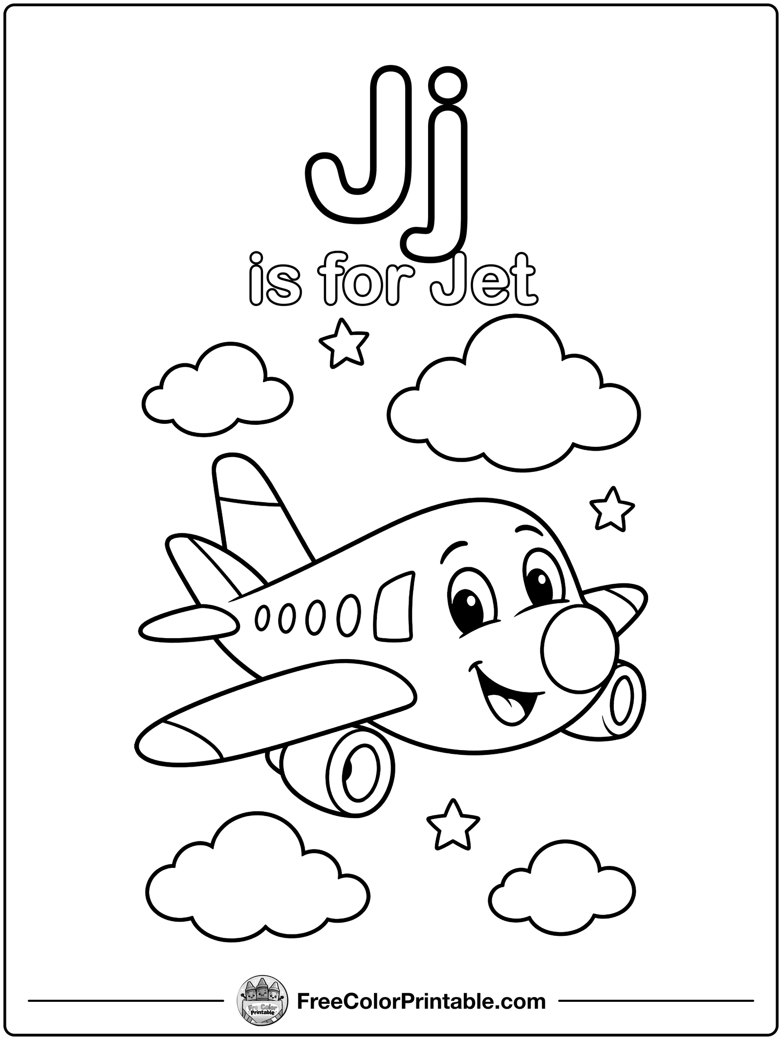 Letter J Is for Jet Coloring Page — free color printable