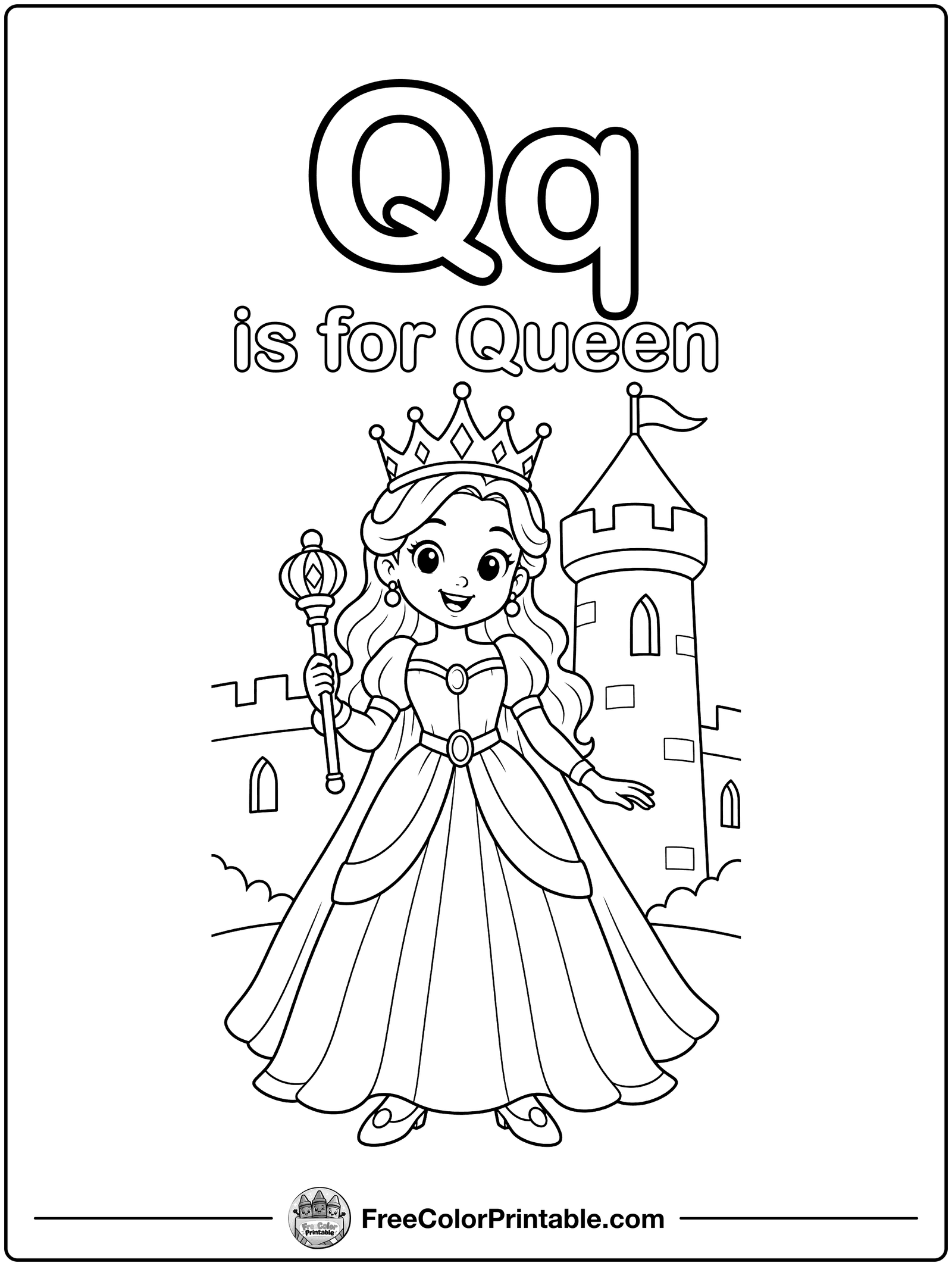 Letter Q Is for Queen Coloring Page — free color printable