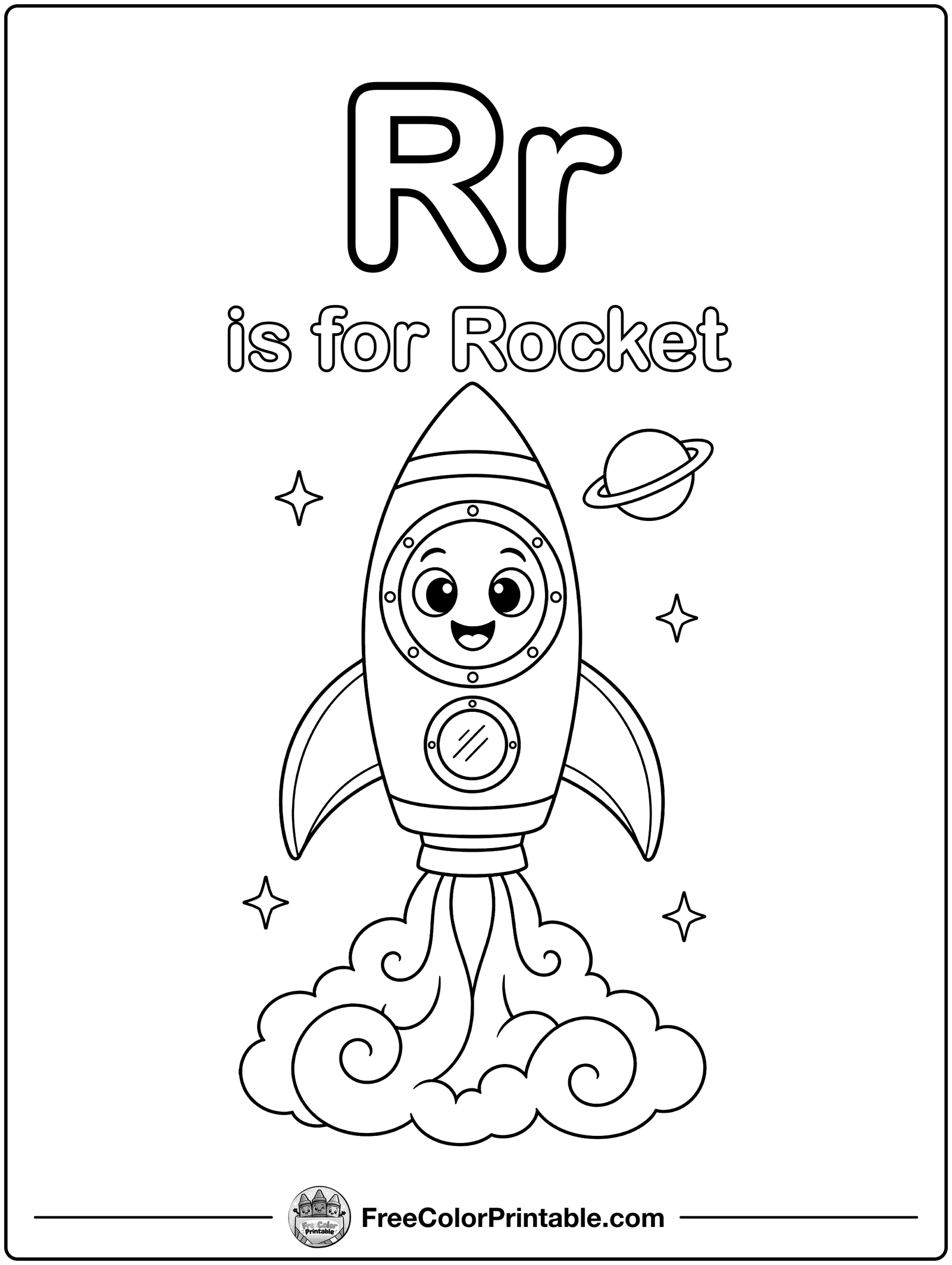Letter R Is for Rocket Coloring Page — free color printable