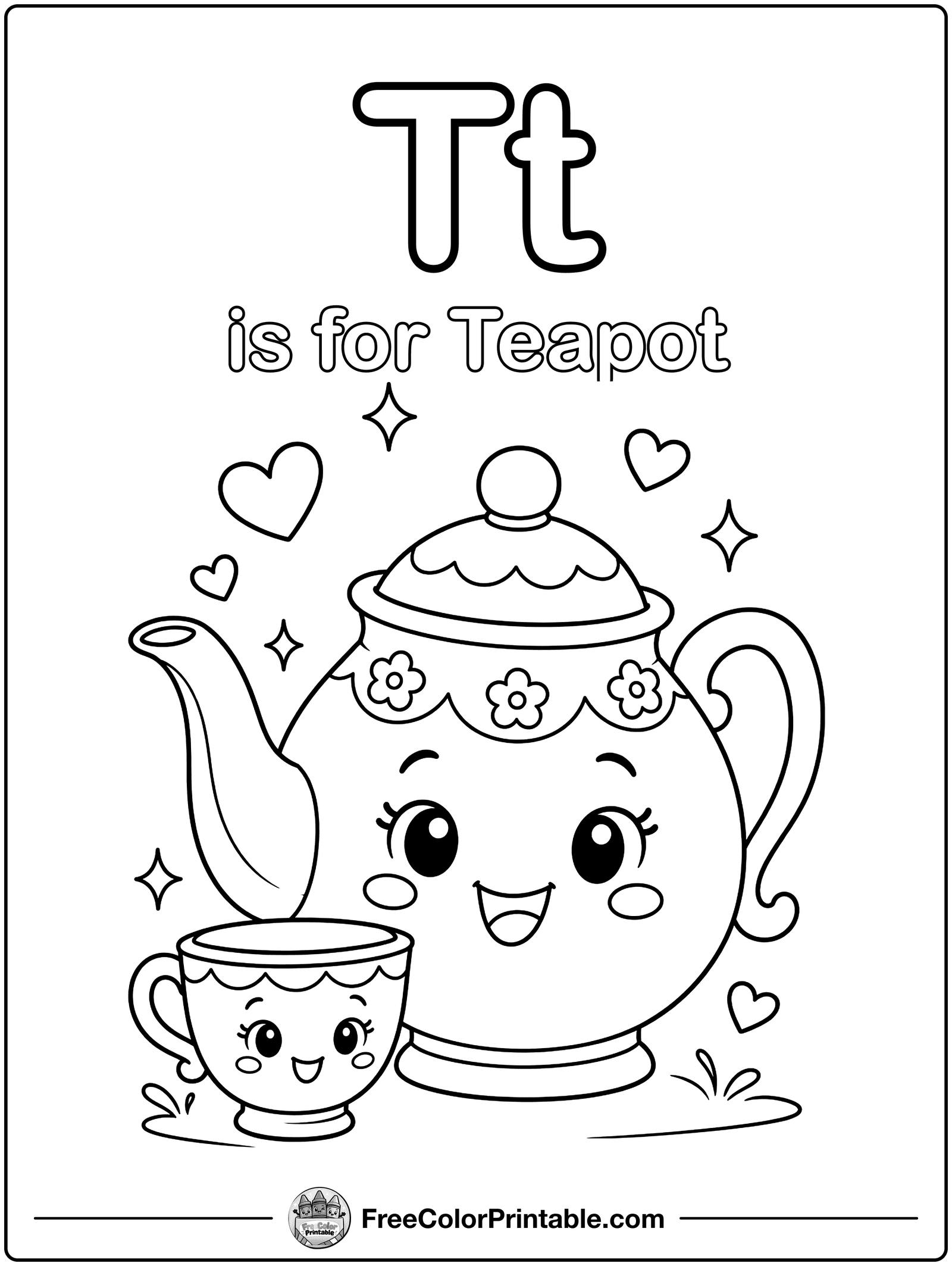 Letter T Is for Teapot Coloring Page — free color printable
