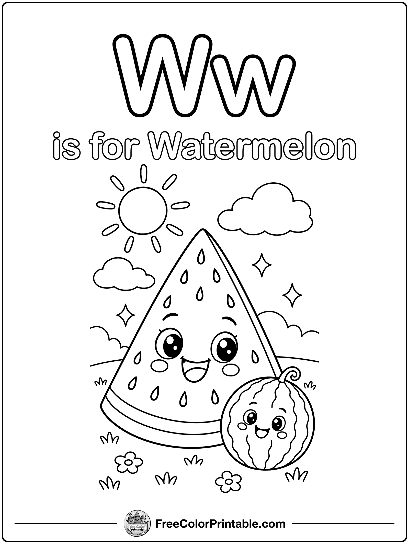 Letter W Is for Watermelon Coloring Page — free color printable