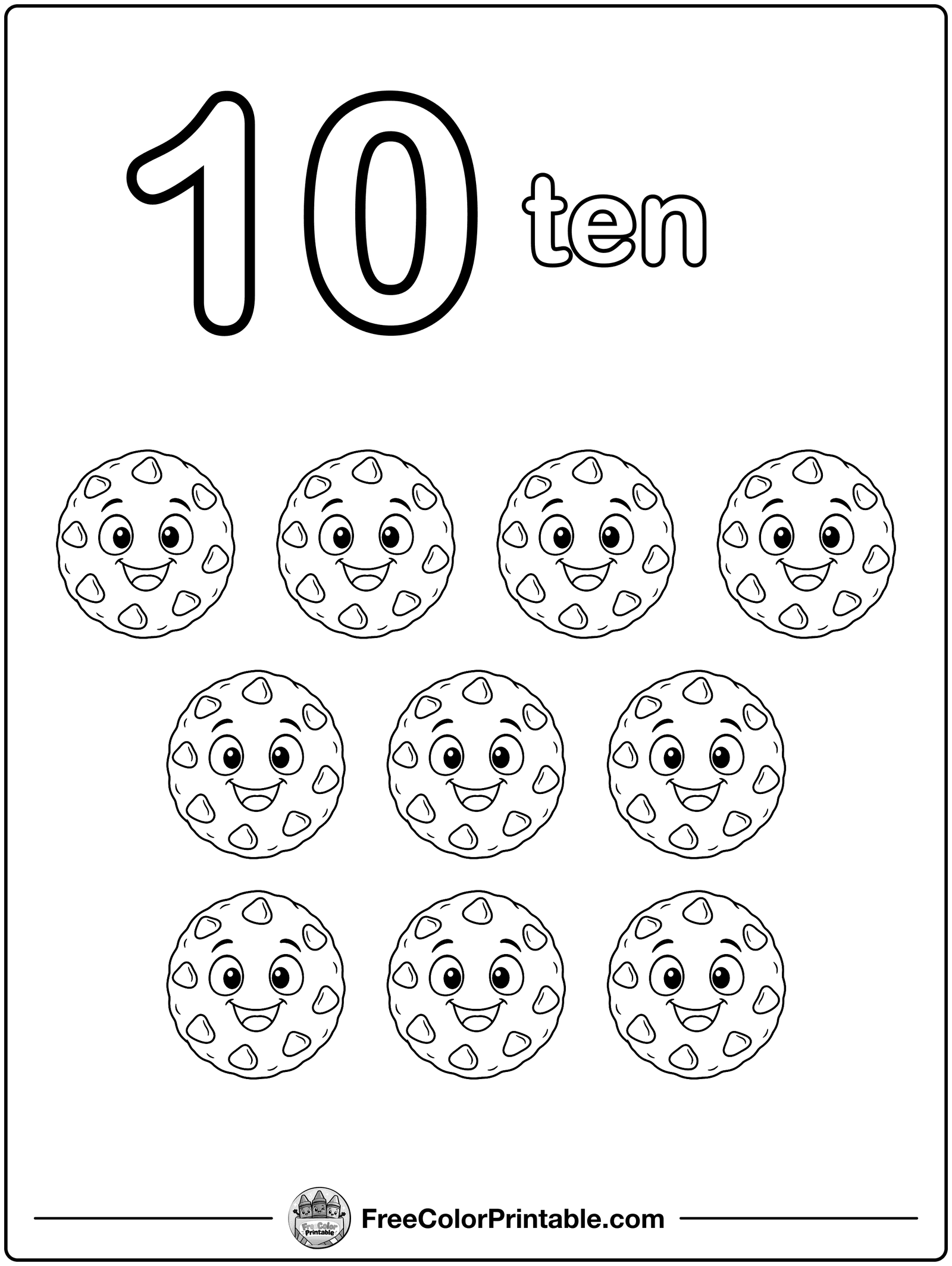 Number 10: Ten Cookies Coloring Page — free color printable
