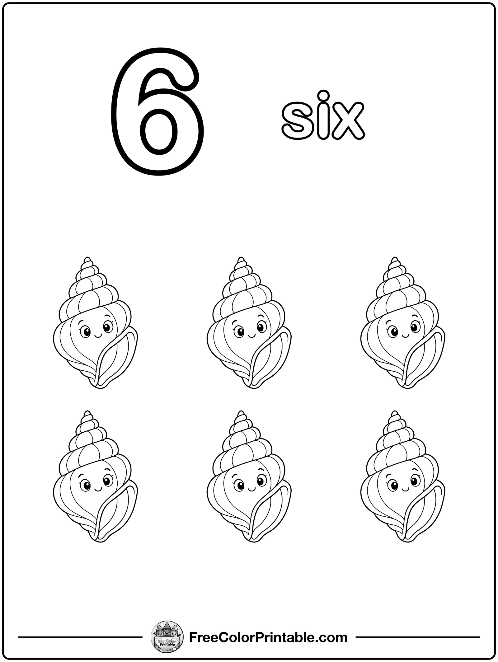 Number 6: Six Seashells Coloring Page — free color printable