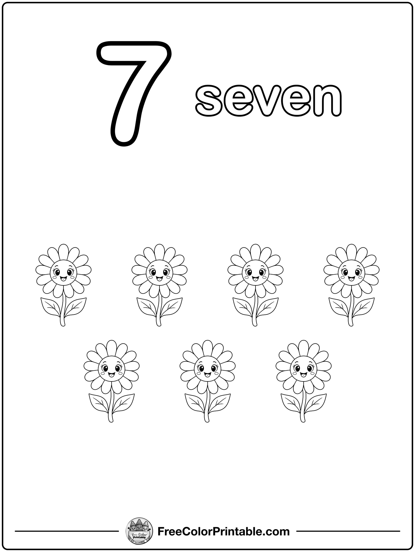 Number 7: Seven Flowers Coloring Page — free color printable