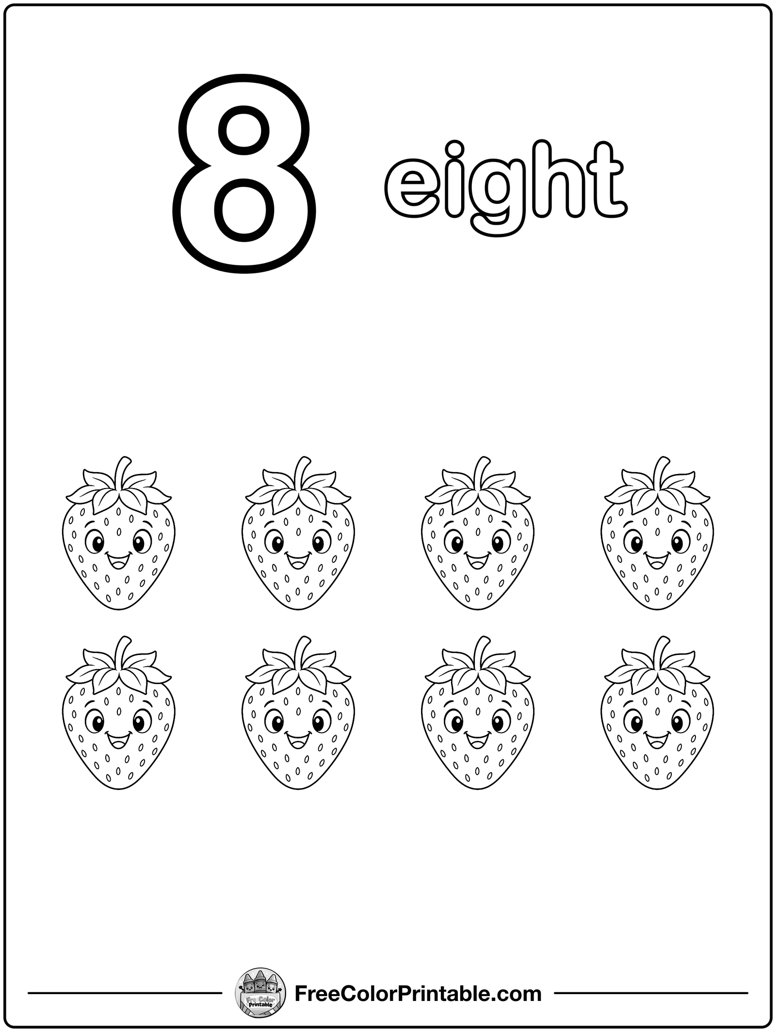 Number 8: Eight Strawberries Coloring Page — free color printable