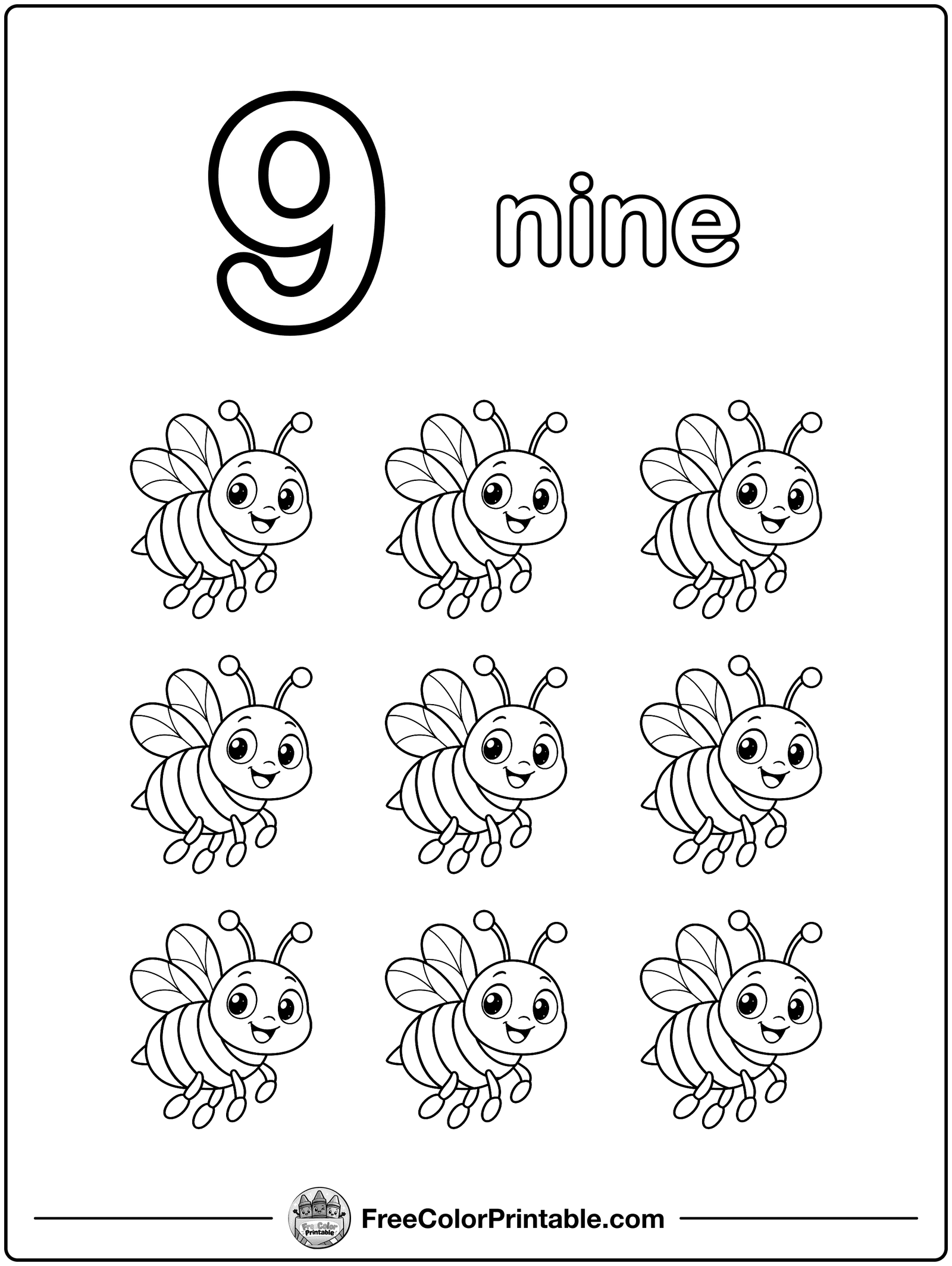 Number 9: Nine Bees Coloring Page — free color printable