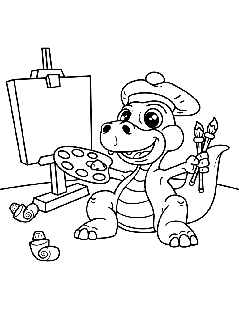Cute Dinosaur Artist With Easel Brush And Palette Of Colors Coloring Page Md Coloring Page — Free Printable — free printable coloring page