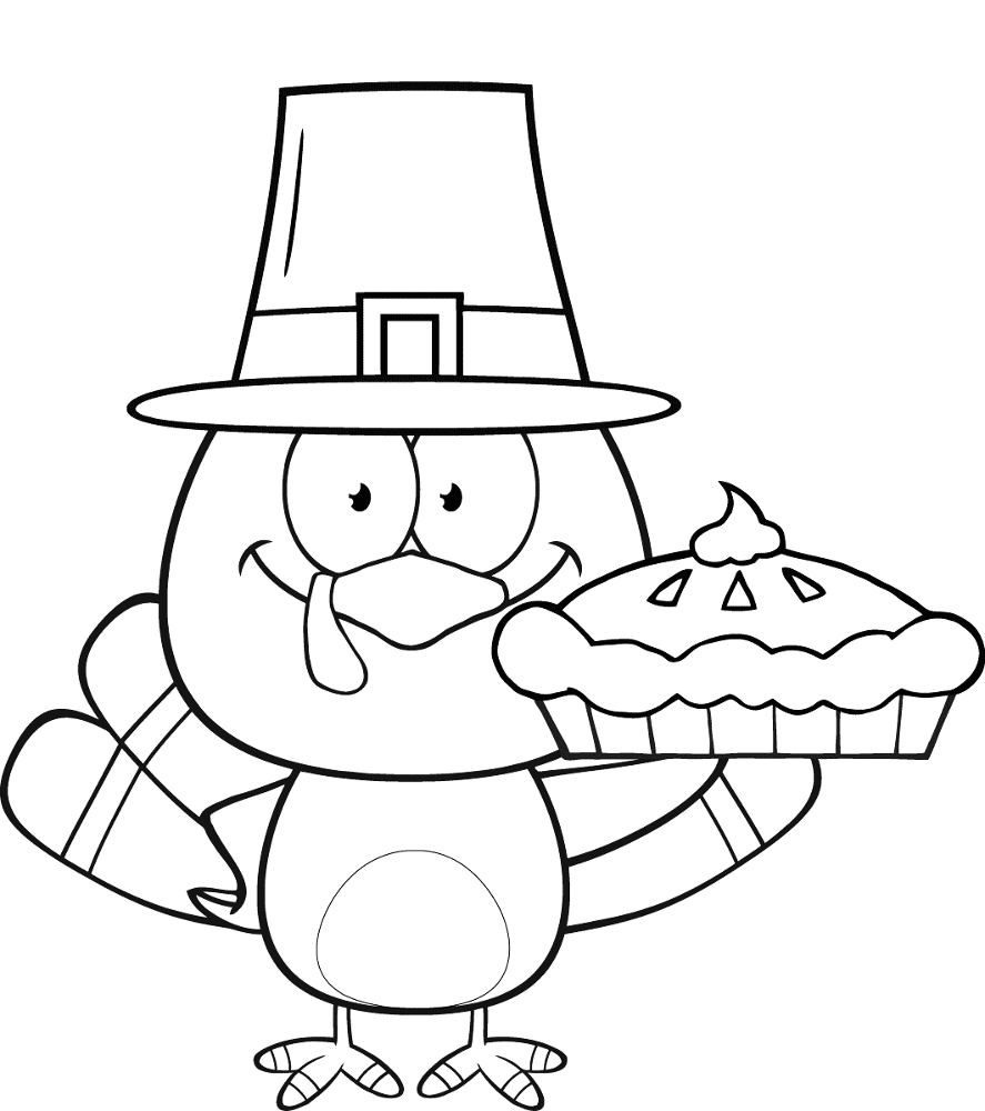 Cute Pilgrim Turkey Holding A Pie Coloring Page Md Coloring Page — Free Printable — free printable coloring page