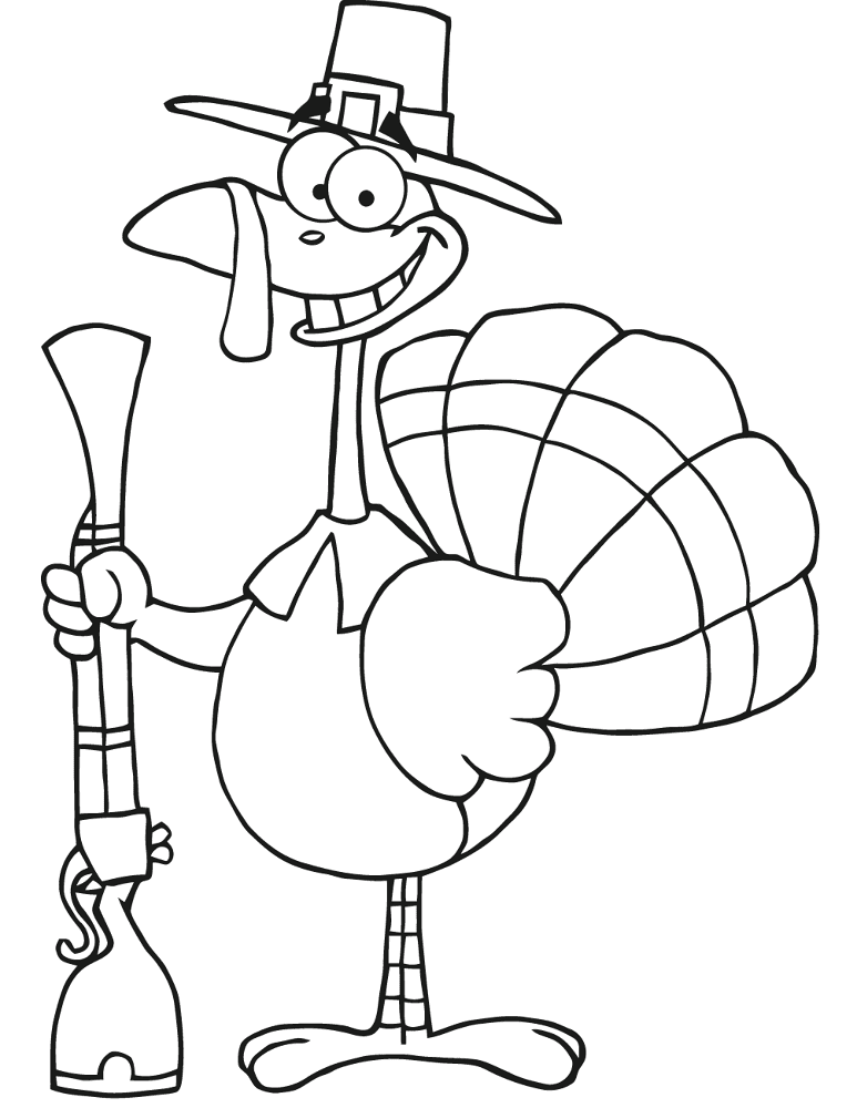 Happy Turkey With Pilgrim Hat And Musket Coloring Page Md Coloring Page — Free Printable — free printable coloring page