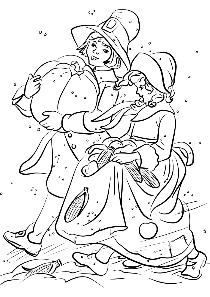 Pilgrim Boy And Girl Carrying Pumpkin And Corns Coloring Page Md Coloring Page — Free Printable — free printable coloring page