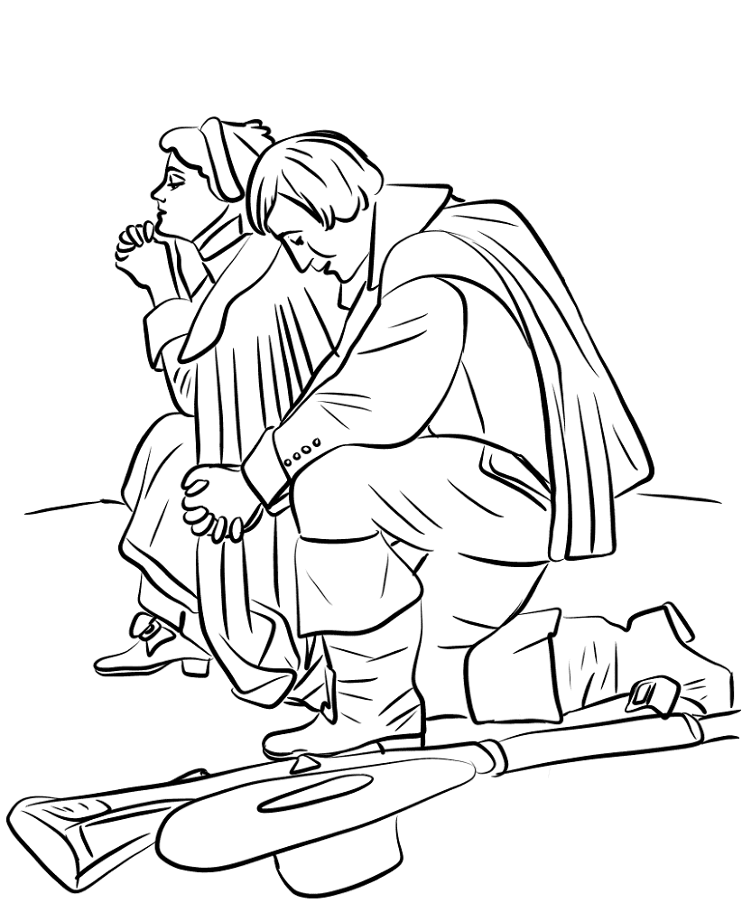 Pilgrim Couple Kneeling In Prayer Coloring Page Md Coloring Page — Free Printable — free printable coloring page