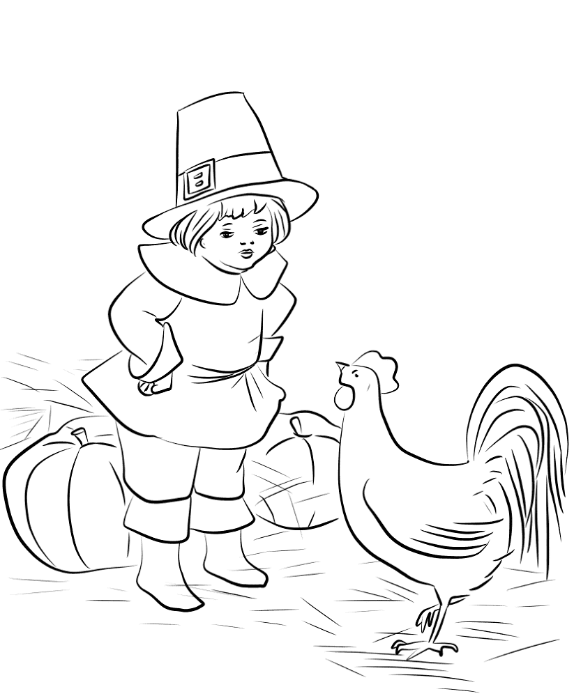 Sweet Pilgrim Boy And Plymouth Rock Rooster Coloring Page Md Coloring Page — Free Printable — free printable coloring page