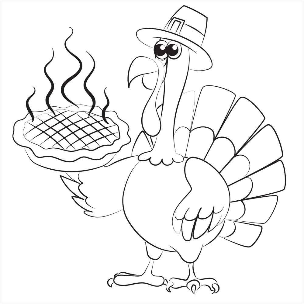 Thanksgiving Turkey In Pilgrim Hat Serving Hot Pumpkin Pie Coloring Page Md Coloring Page — Free Printable — free printable coloring page
