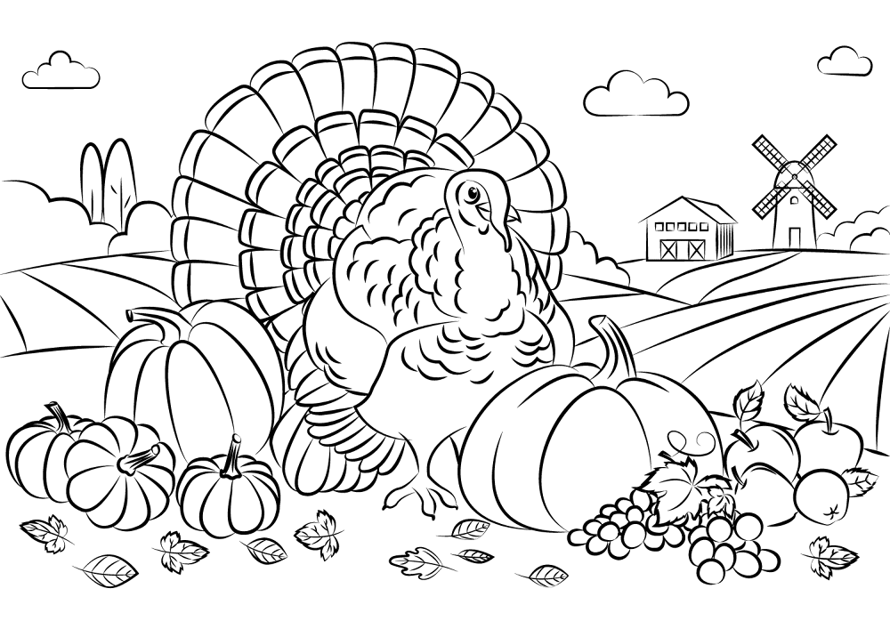 Turkey Bird With Harvest Coloring Page Md Coloring Page — Free Printable — free printable coloring page